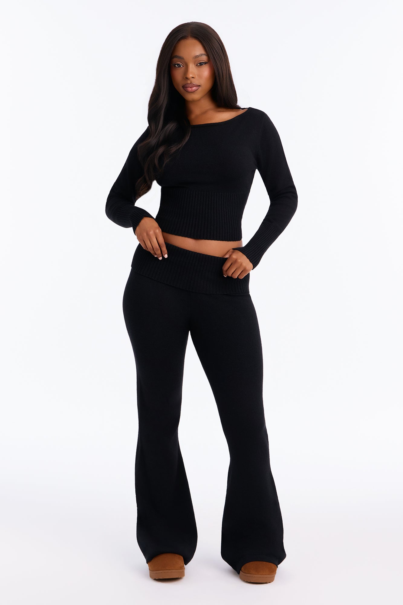 Stacy Sweater Foldover Waist Pant Set - Black