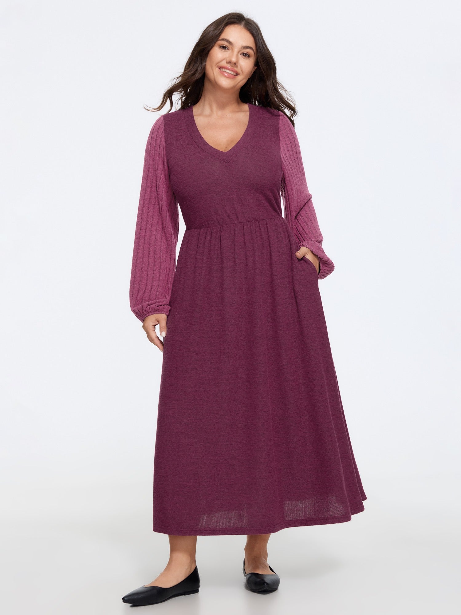 Stretch V Neck Ribbed Long Sleeve Midi Dress