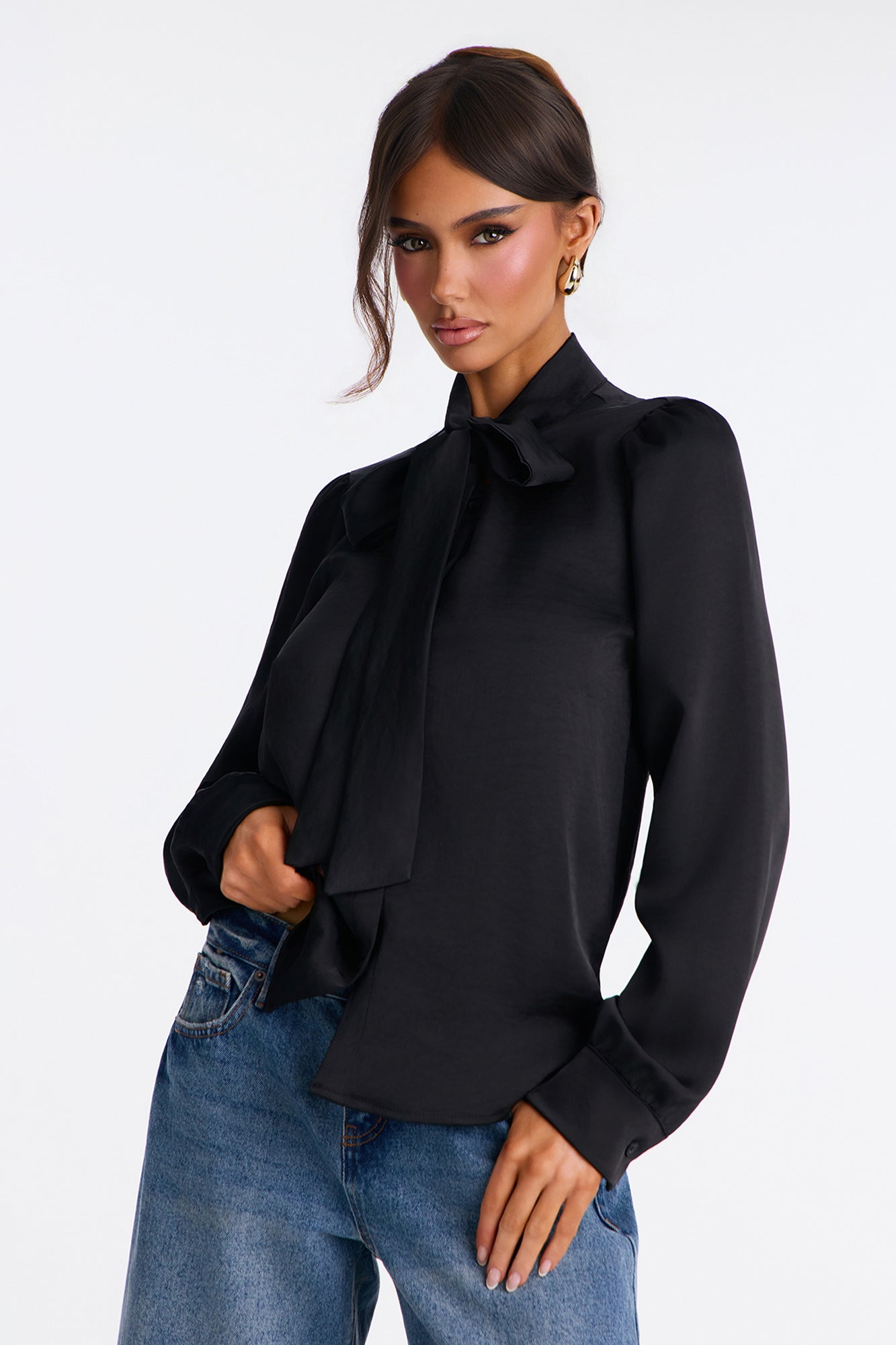 Soft Success Satin Button Up Blouse - Black