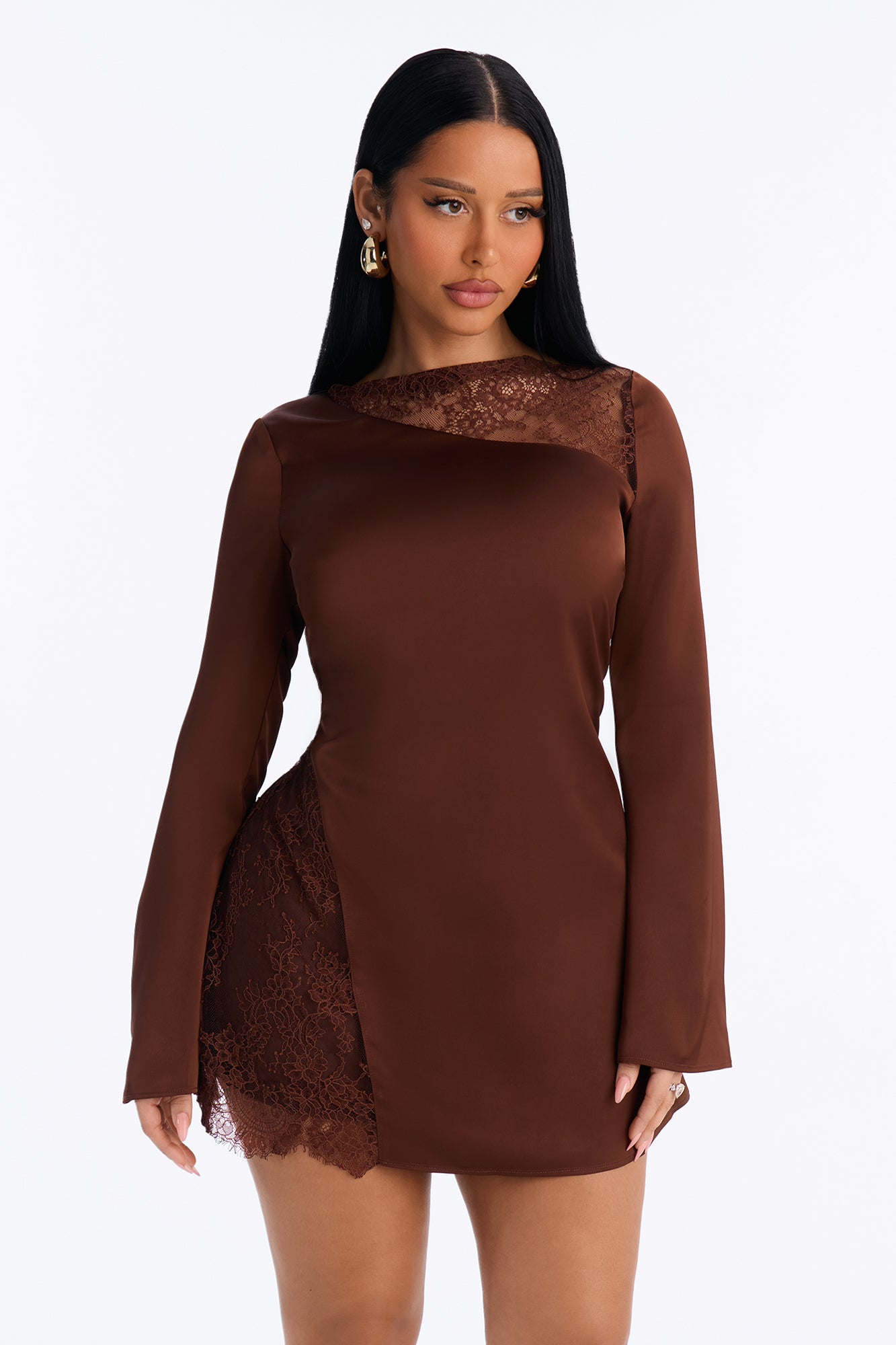 Harlowe Lace Trim Satin Mini Dress - Brown