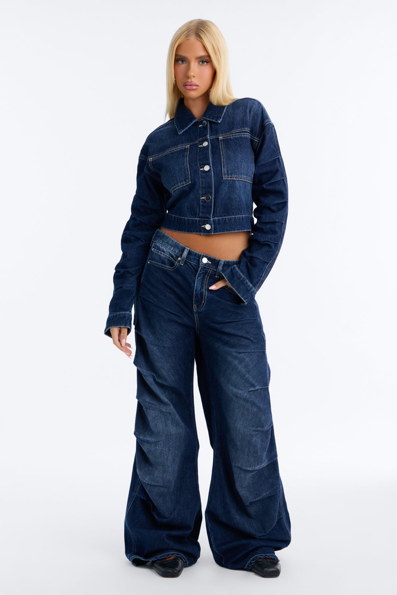 Janet Denim Pleated Pant Set - Dark Wash