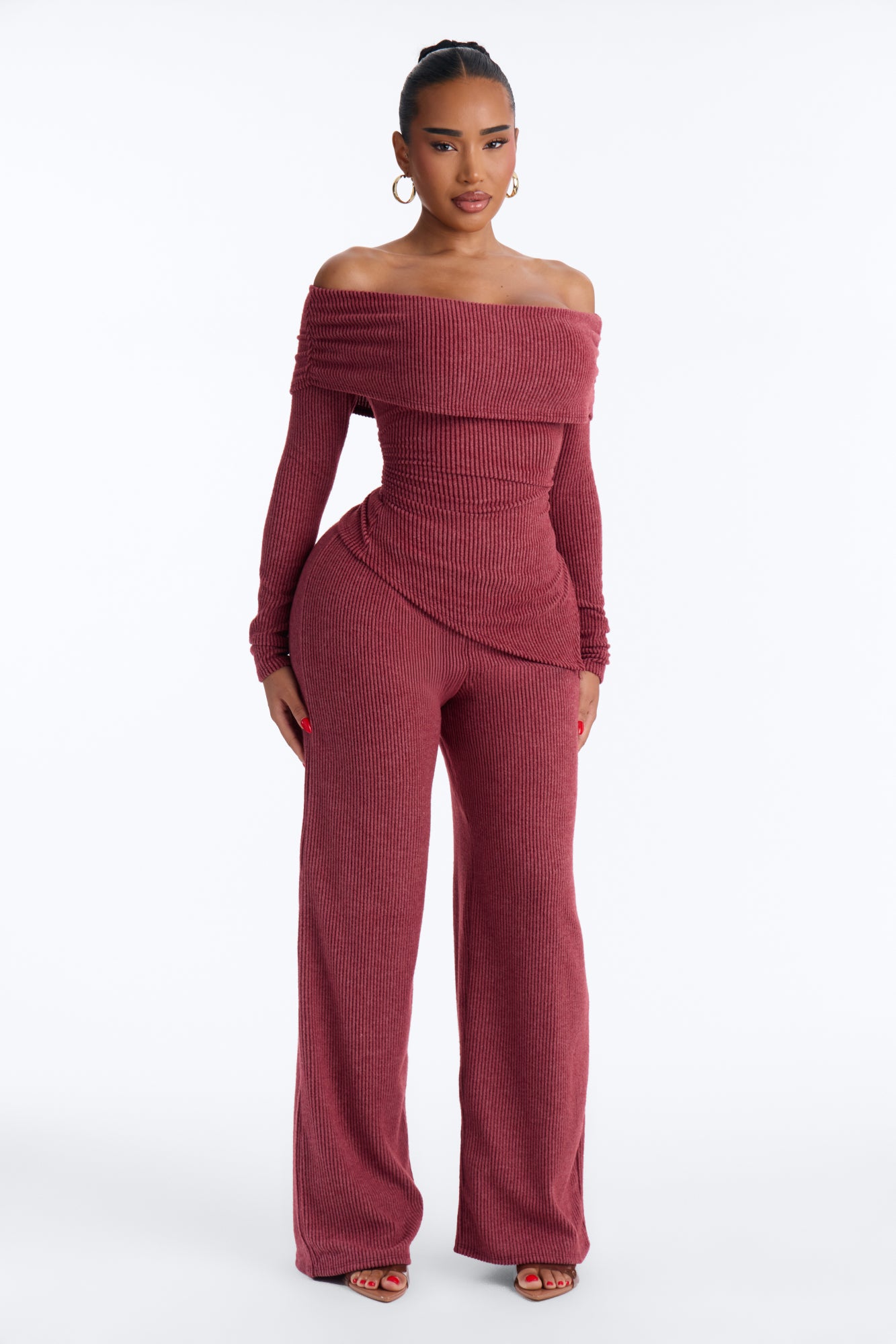 All Yours Off Shoulder Ribbed Pant Set - Wine