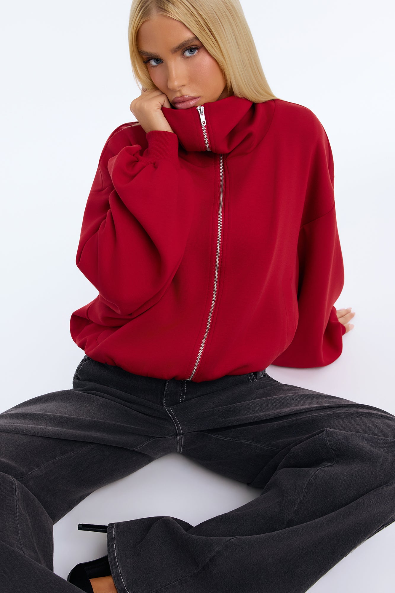 Cozied Up Funnel Neck Scuba Bomber - Red