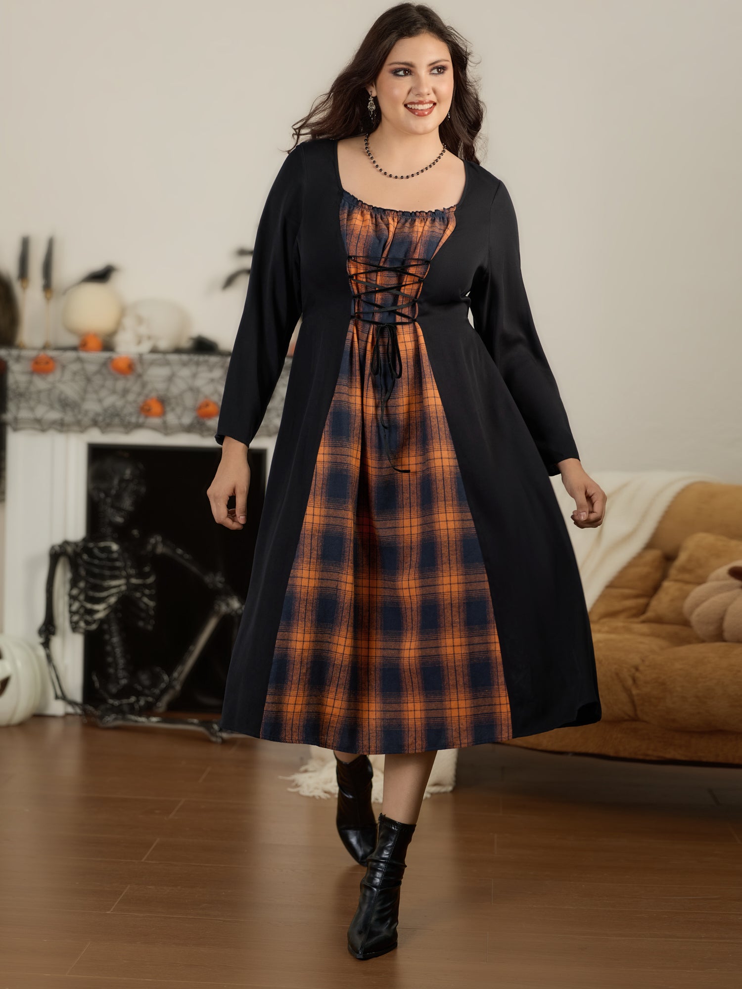 Lace‑Up Corset Detail Check Patchwork Midi Dress