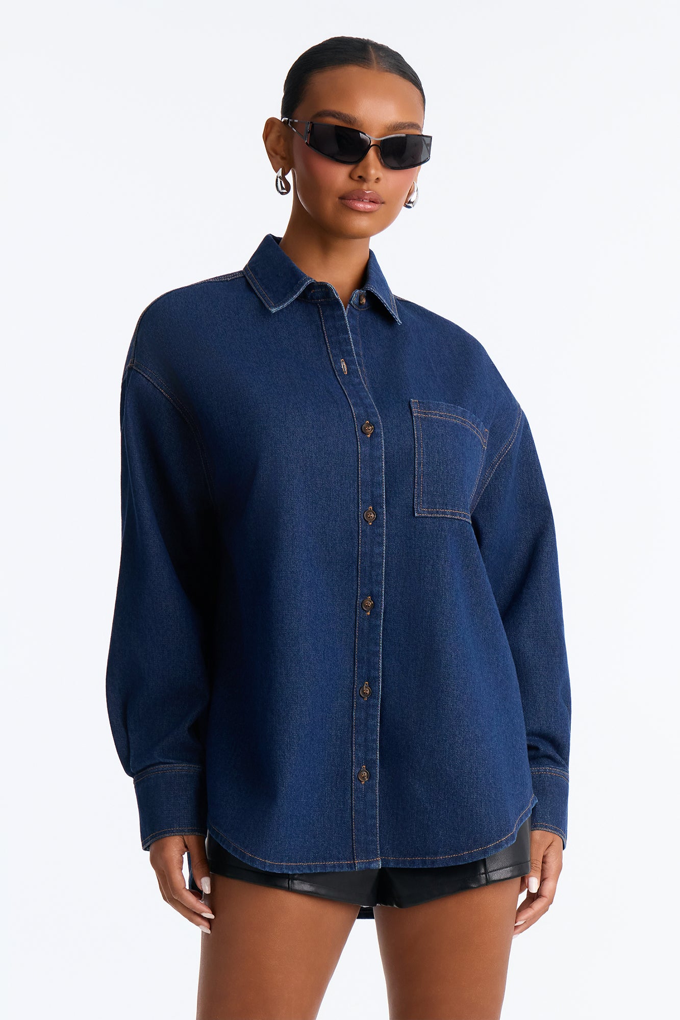 Country Roads Oversized Denim Button Up Shirt - Dark Wash