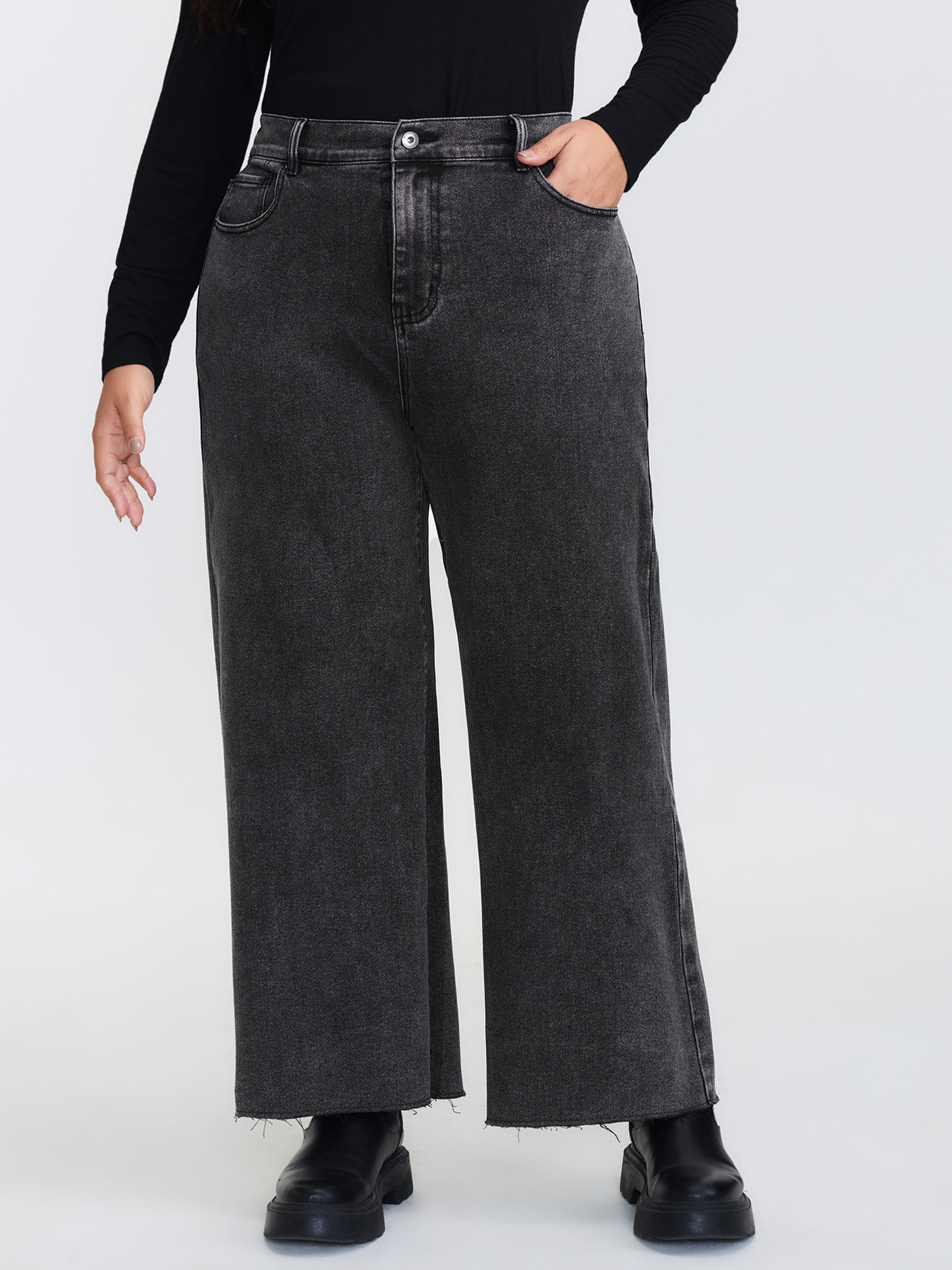 Vintage Wash Stretchy Waistband Wide-Leg Jeans