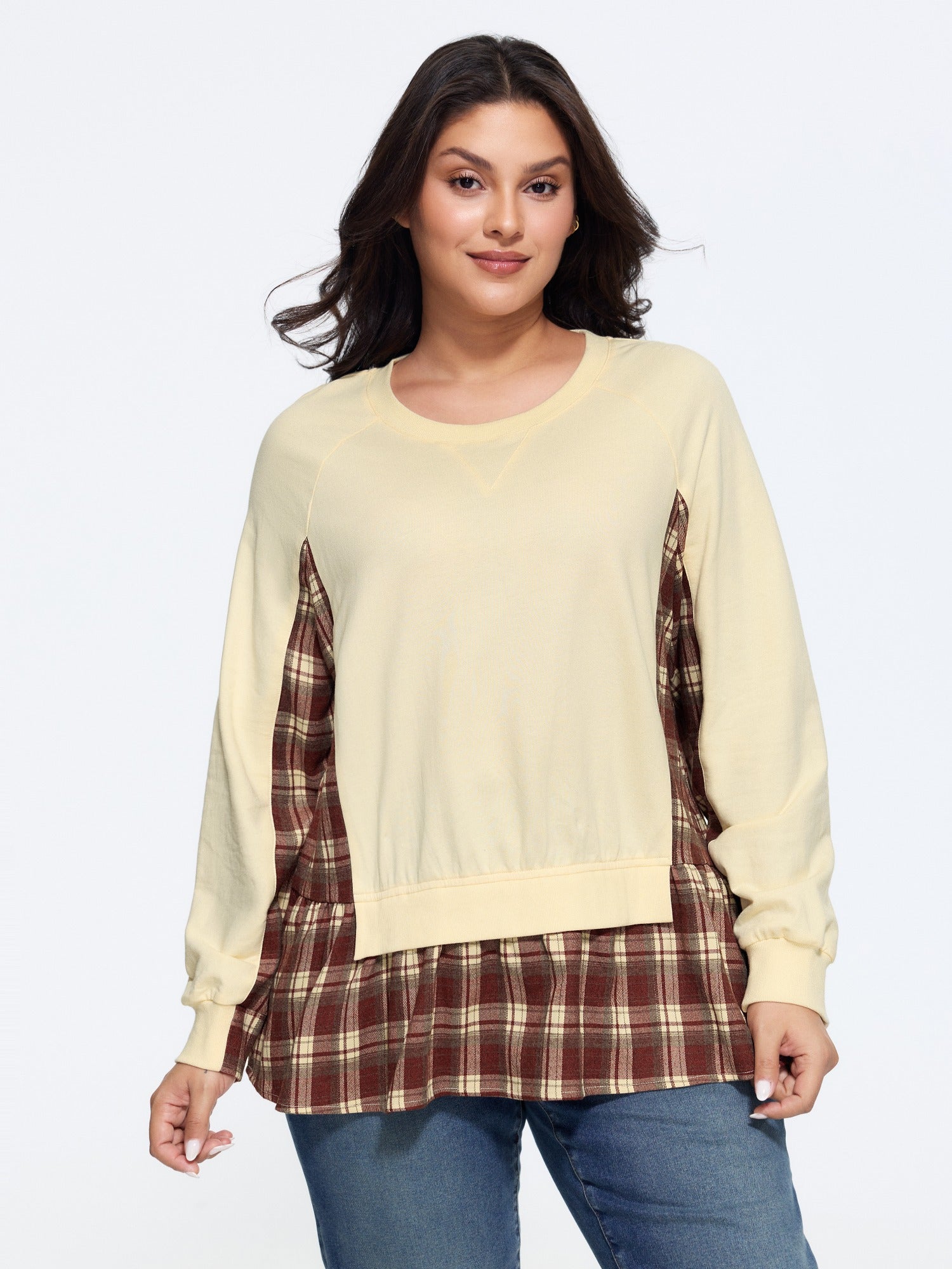 Cotton Color-Block Plaid Peplum Hem Sweatshirt