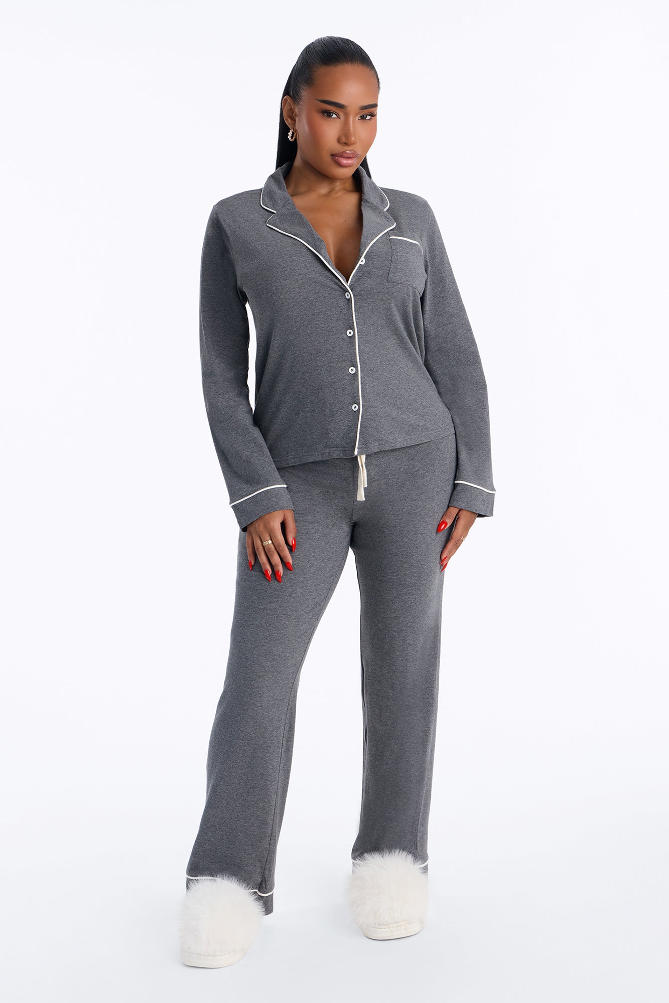 Nova Cotton Long Sleeve Button Down PJ Pant Set - Charcoal