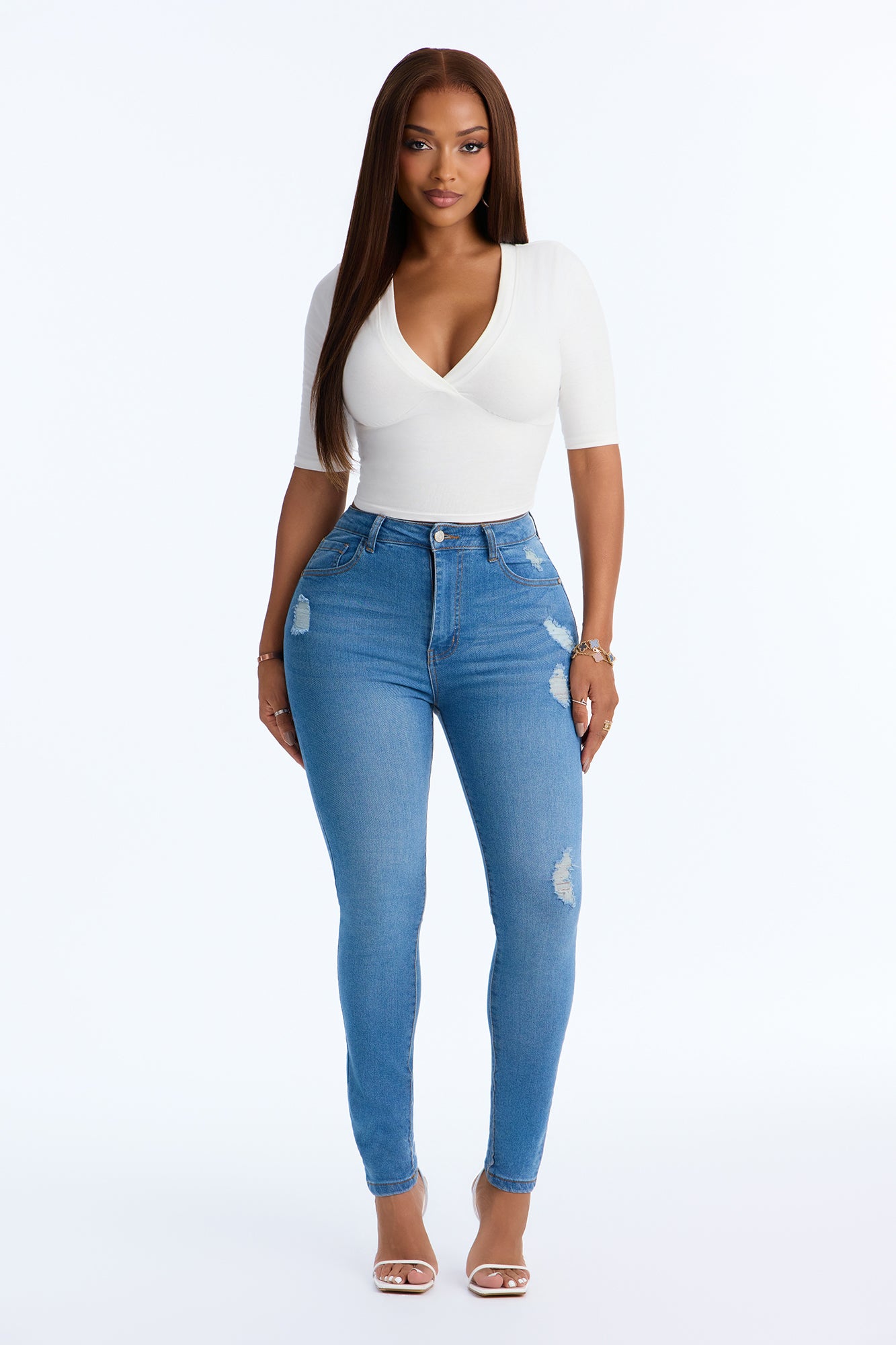 Give It Time High Rise Ripped Skinny Jeans - Medium Wash