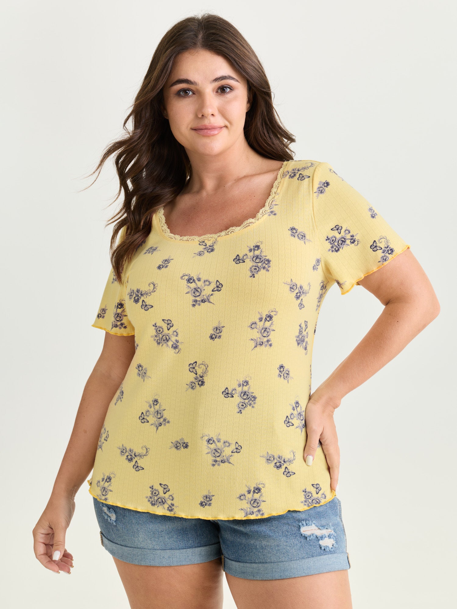 Floral Print Lace Round Neck T-Shirt