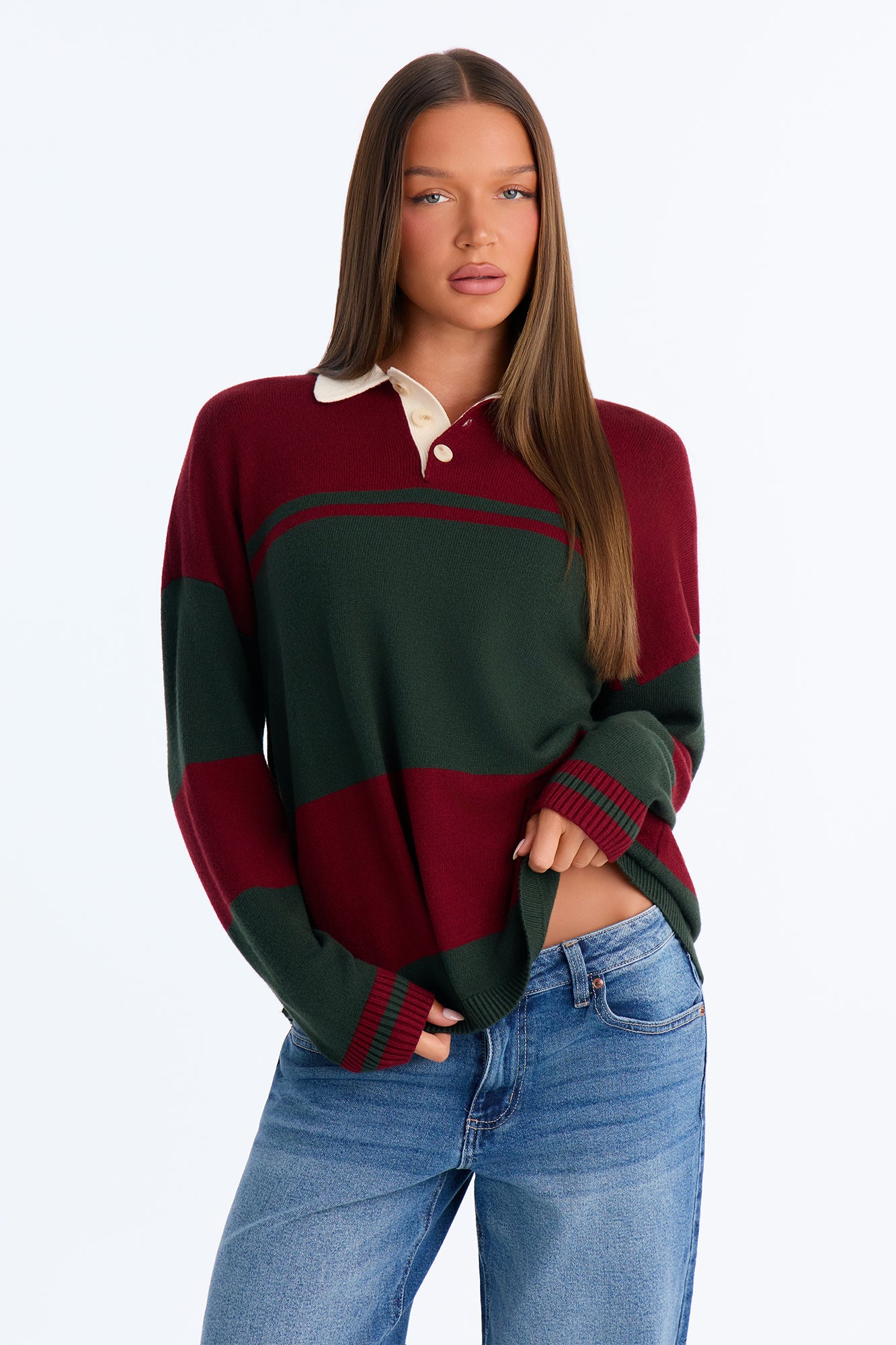 Down The Line Striped Polo Sweater - Burgundy/combo