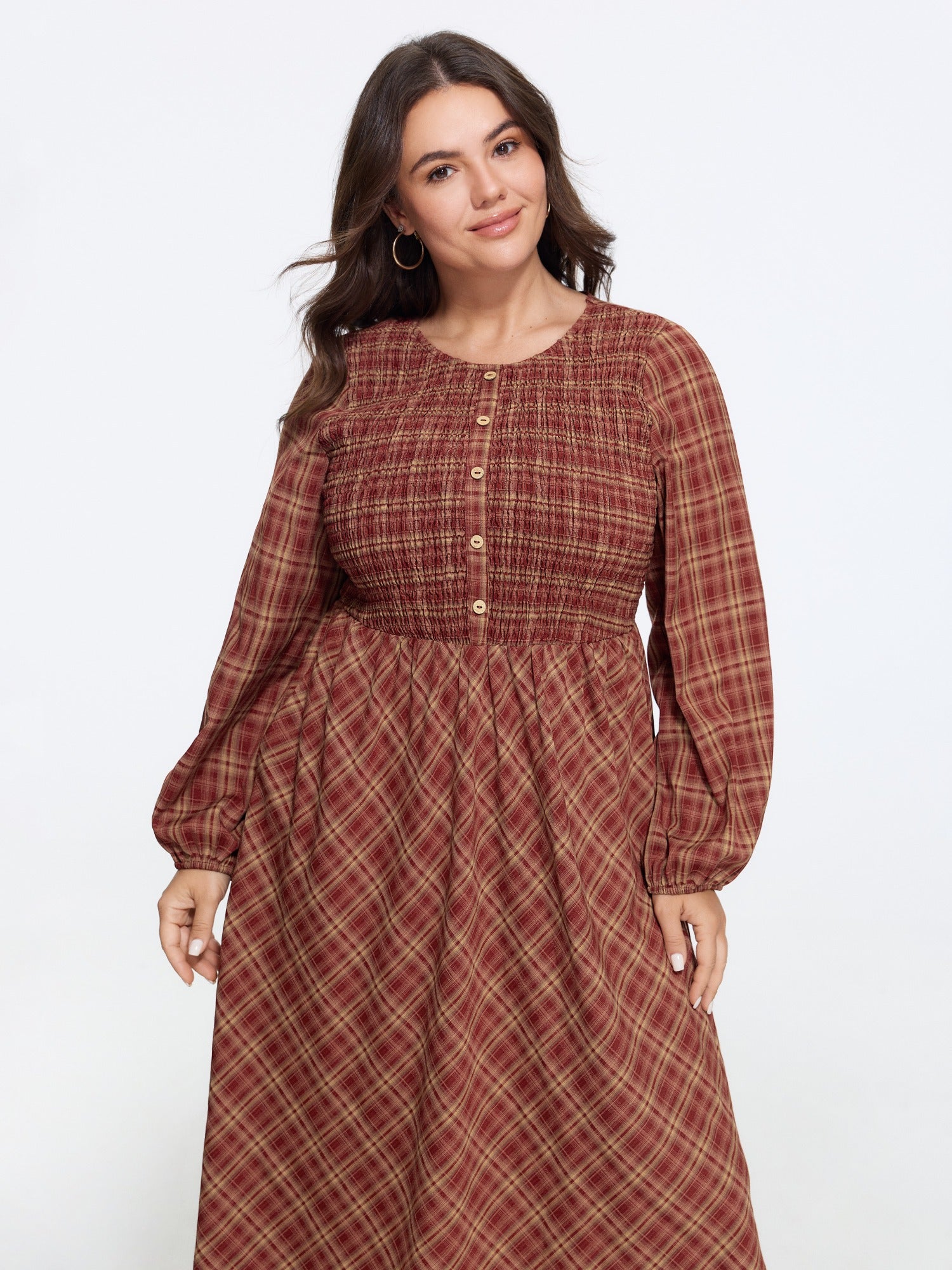Plaid Round Neck Shirred Long Sleeve Midi Dress