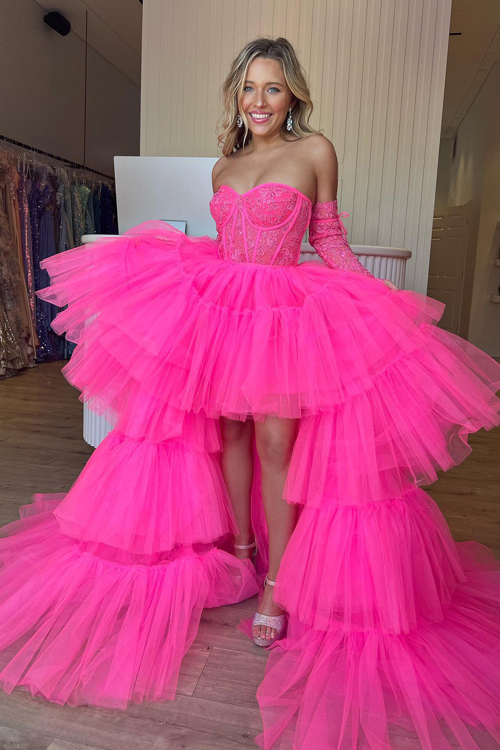Hot Pink High Low Detachable Sleeves Corset Homecoming Dress/Mini Dress with Lace
