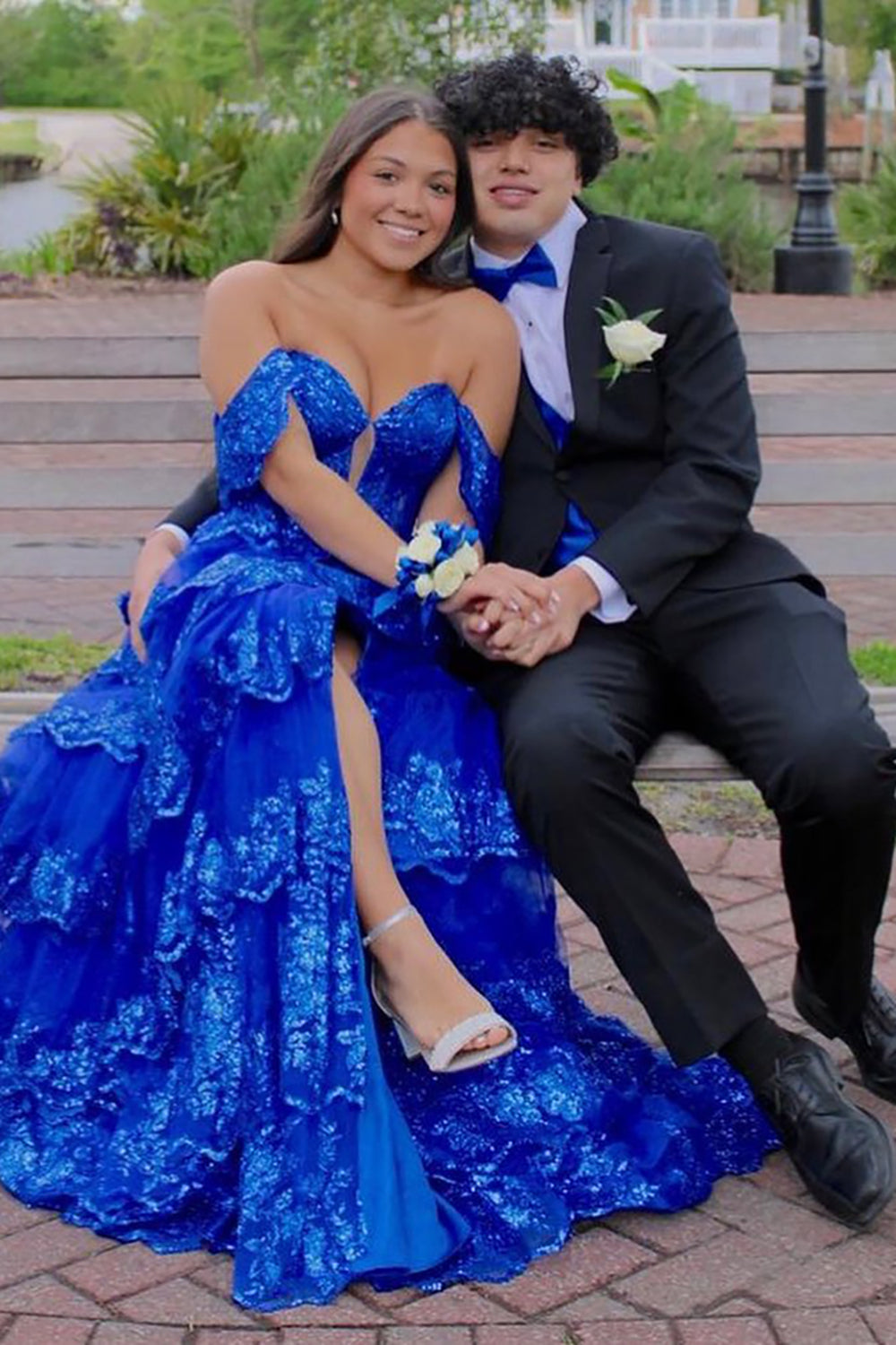 Royal Blue Sparkle Sequin Off-The-Shoulder Princess Corset Prom Dress with Tiered Tulle and Slit