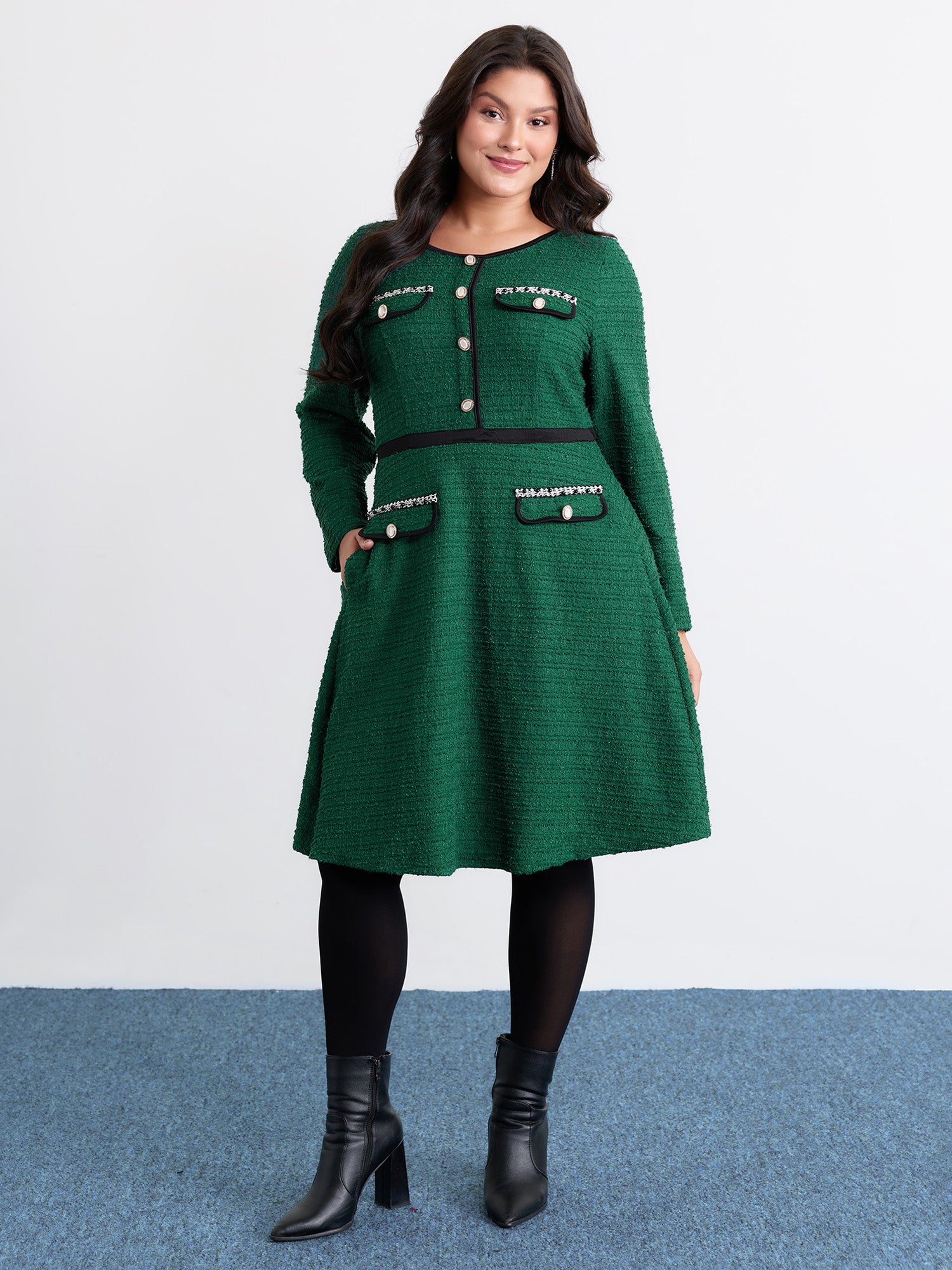 Tweed Stretchy Waist Color Contrast Midi Dress