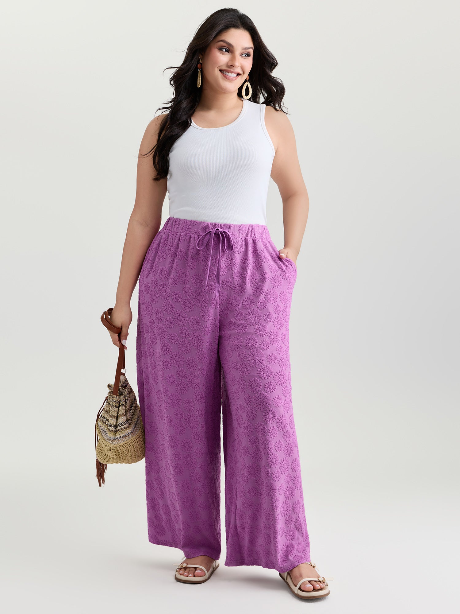 Drawstring Textured Wide-Leg Pants
