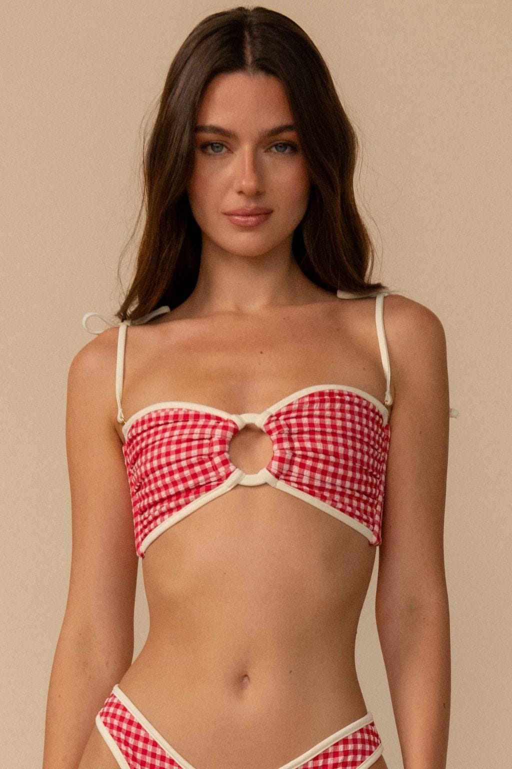 Montce Red Micro Gingham Binded Tori Ties Bandeau Bikini Top