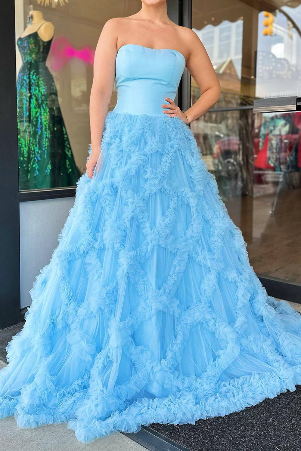 Blue Strapless Long Prom Dress with Elegant A Line and Ruffles