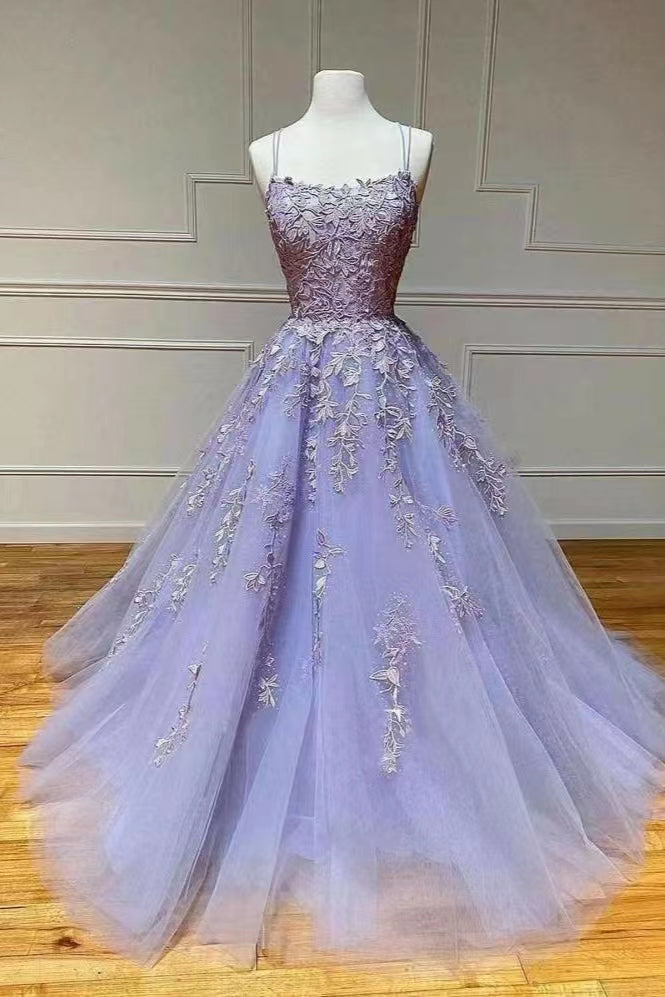 Lilac A-Line Appliques Spaghetti-Straps Evening Dress With Tulle