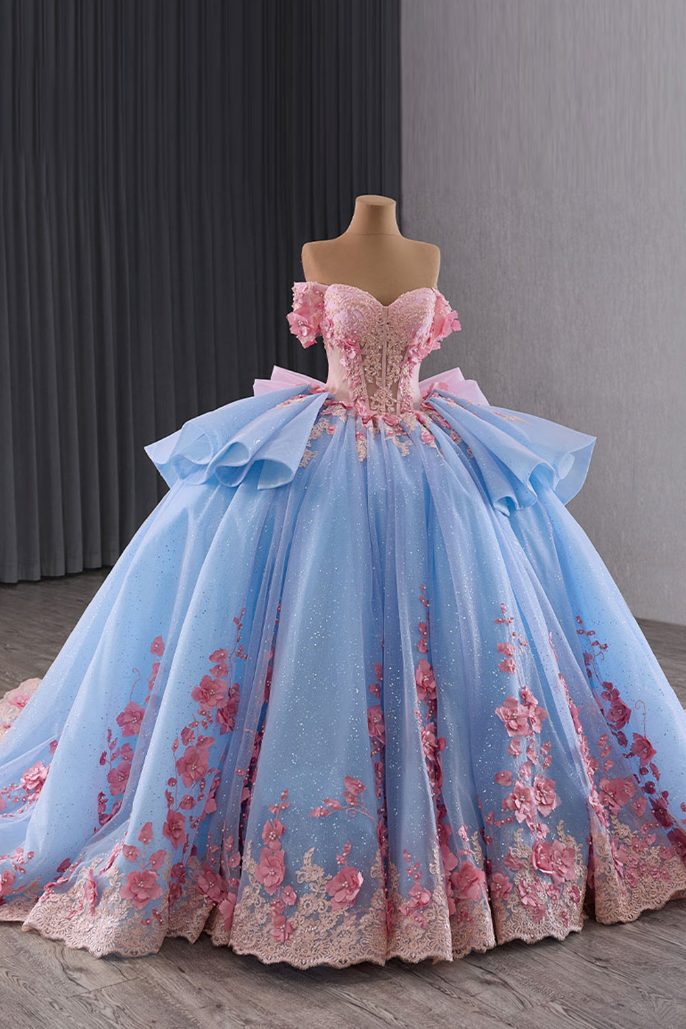 Princess Quinceanera Dress in Blue with Off-Shoulder Design, Beaded Applique, and Pink Bow