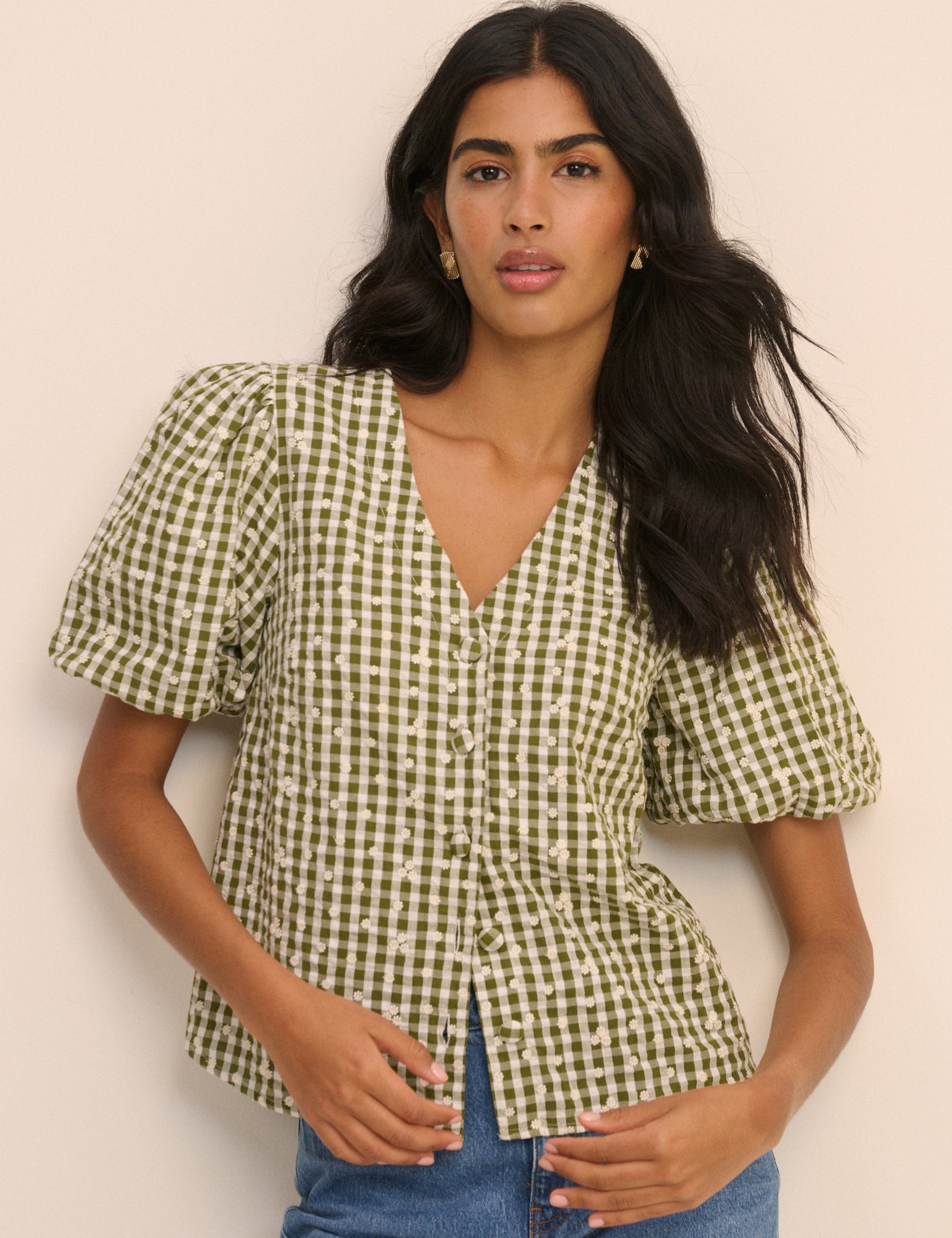 Green Gingham Embroidered Puff Sleeve Top