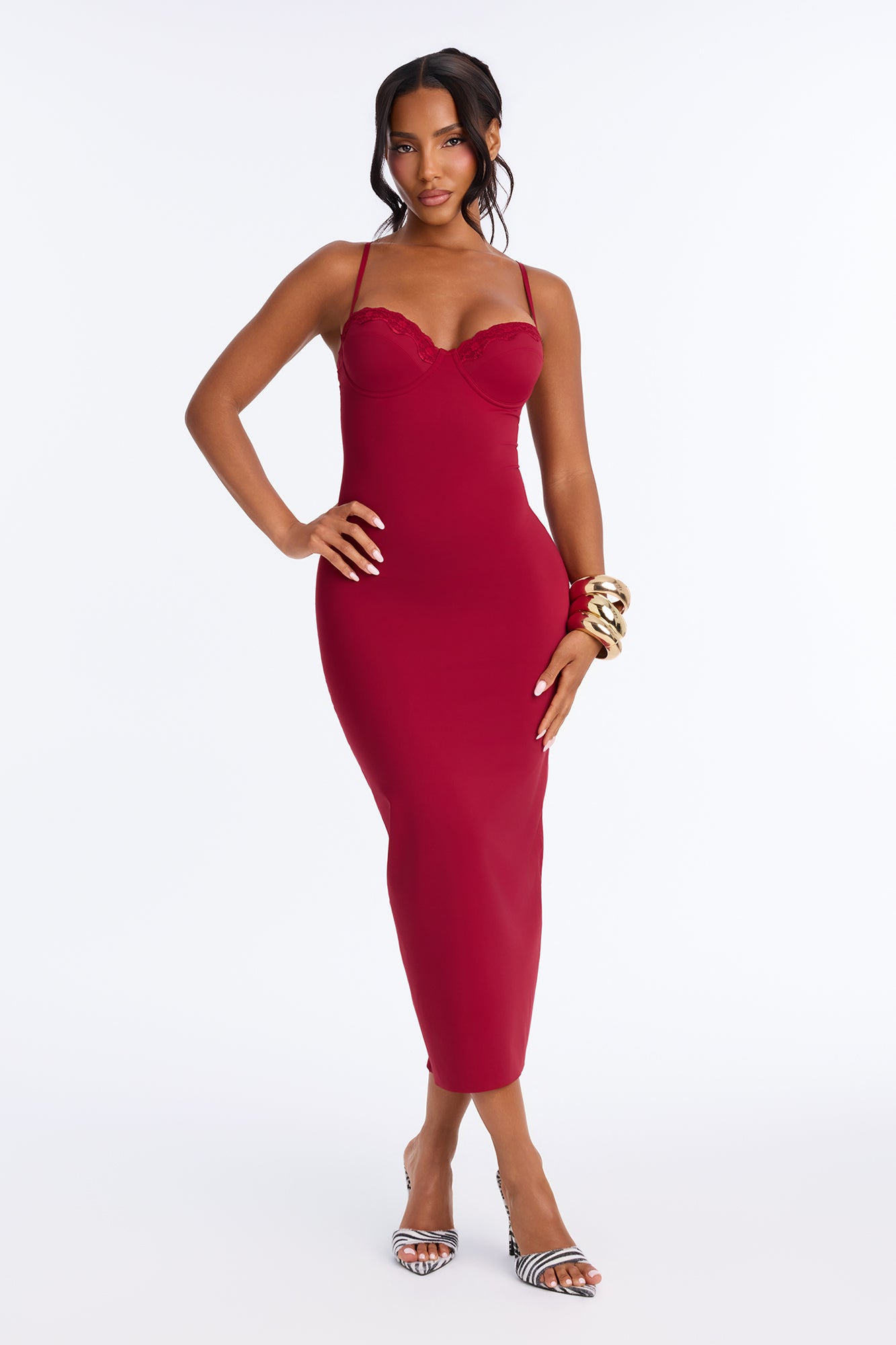Sleek Look Lace Trim Shaping Midi Dress - Wine