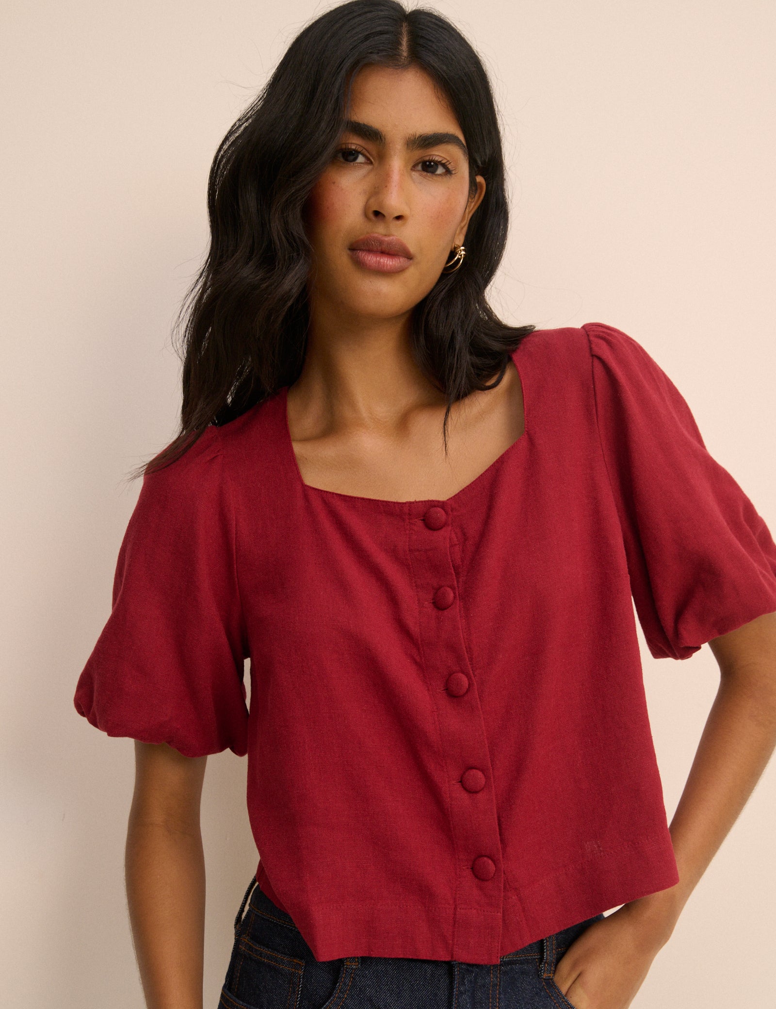 Red Linen-Rich Puff Sleeve Sammie Top