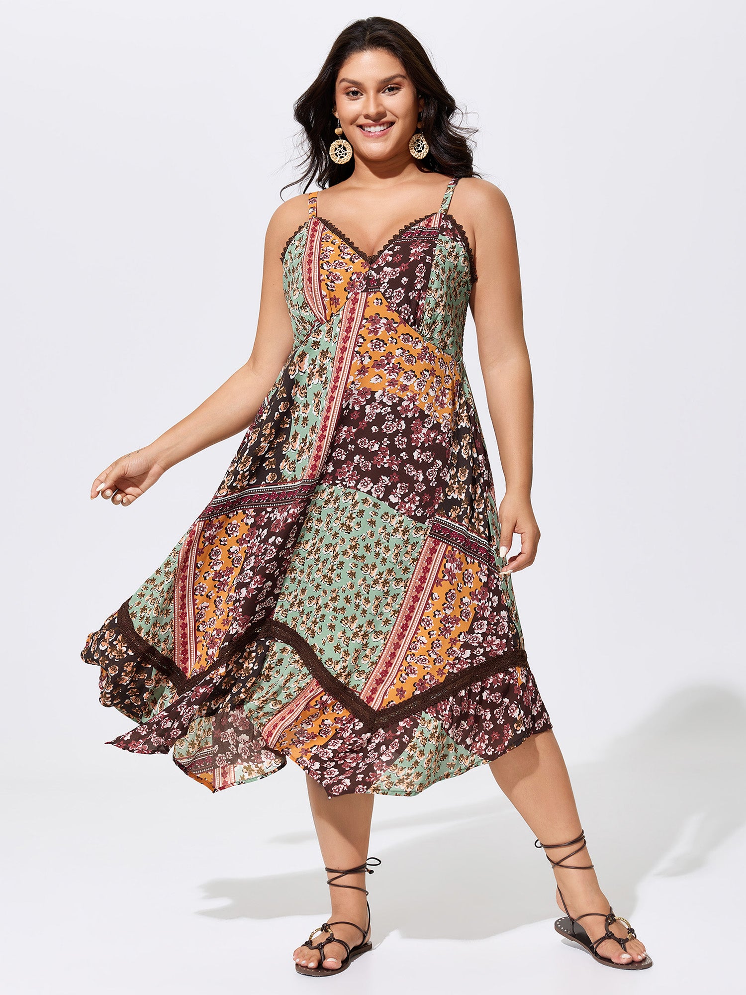 Floral Collage Print Lace Asymmetrical Hem Midi Dress