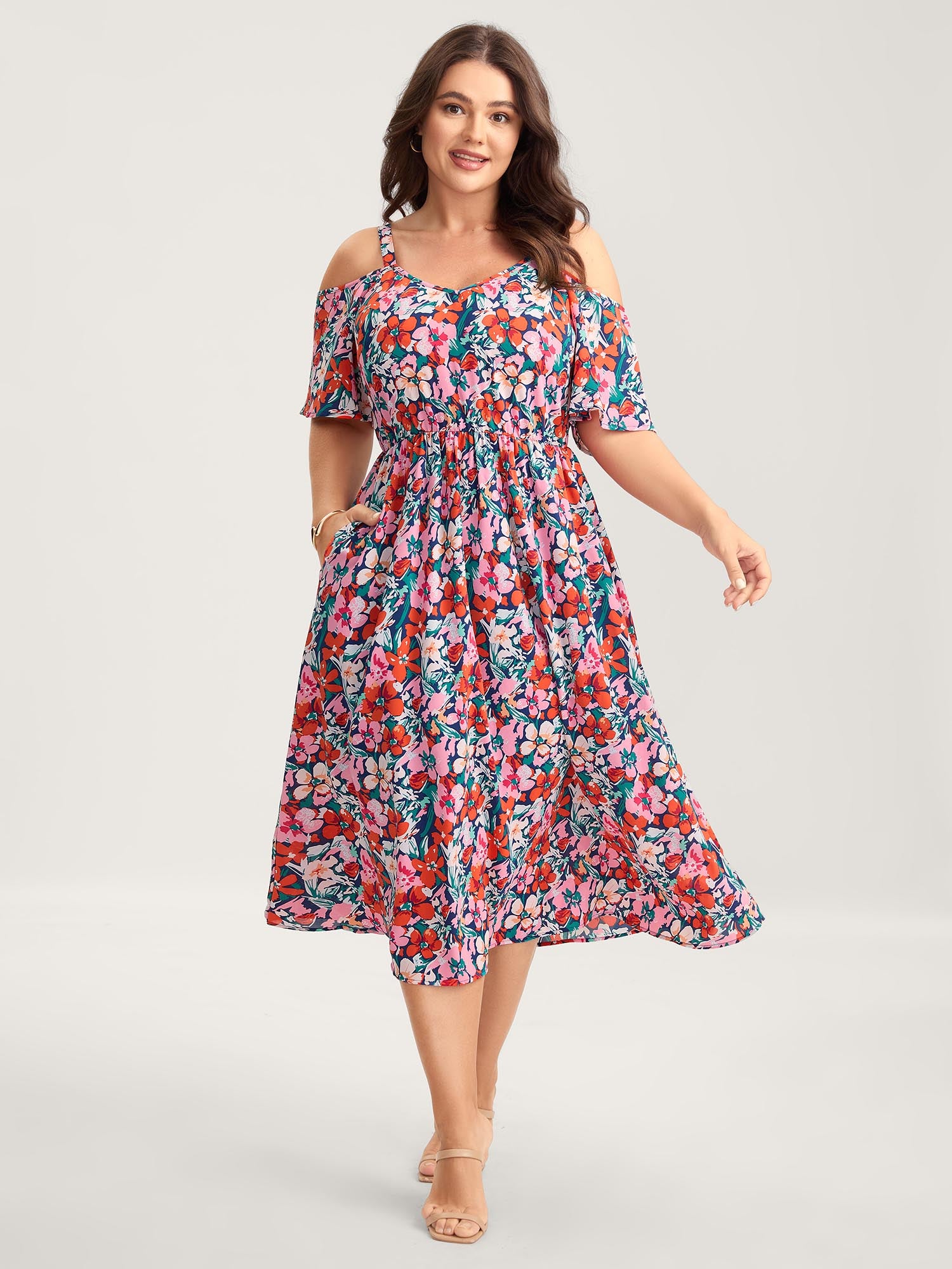 Floral Print Off-Shoulder Pockets Midi Dress