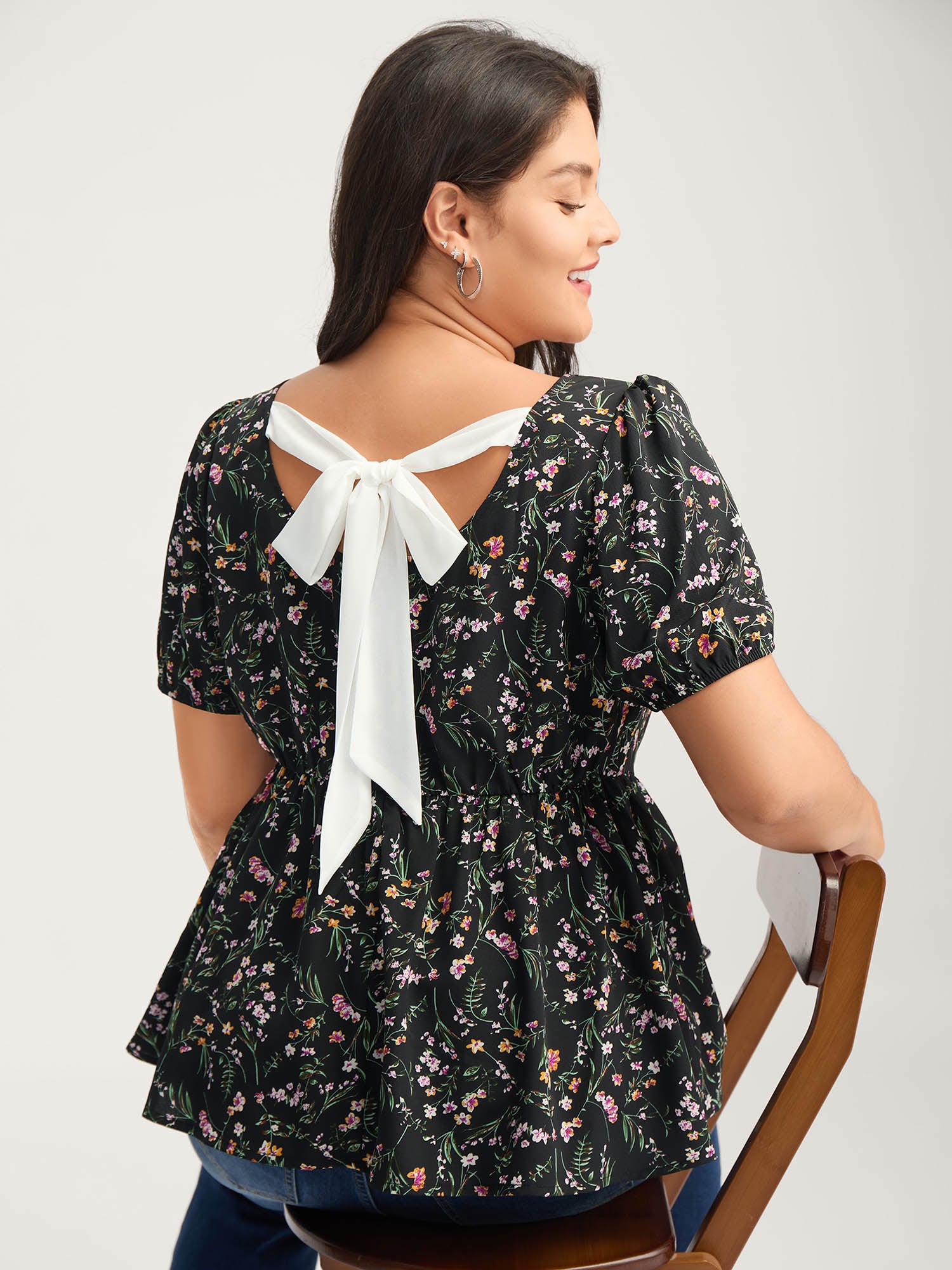 Floral Print Bow Back Detail Blouse