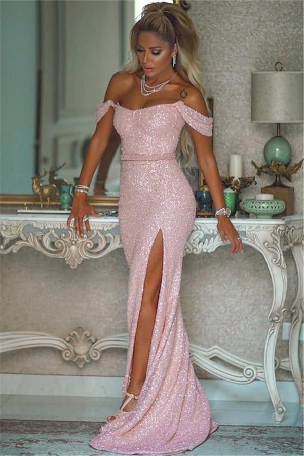 Sequins Pink Mermaid Evening Dress With Split
