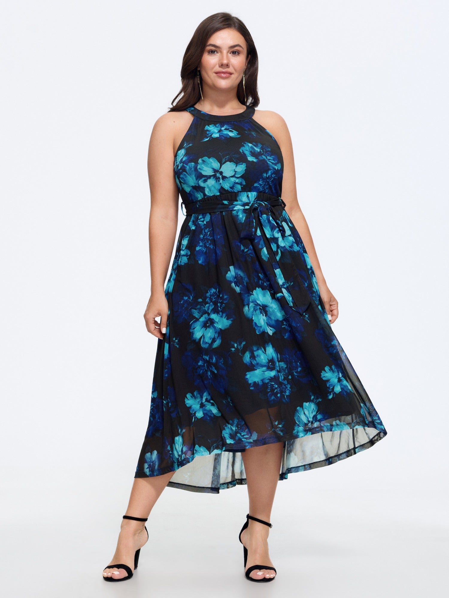 Floral Print Tie Waist High Low Hem Midi Dress