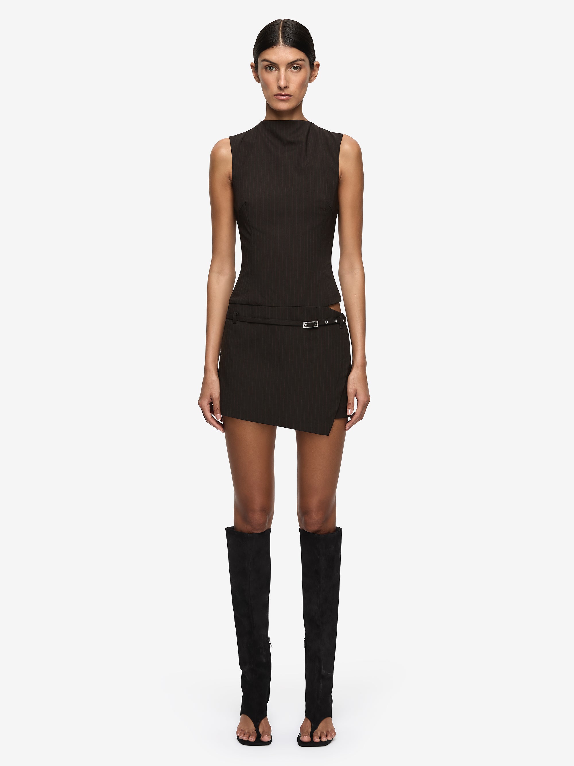 SAZRIEL BUCKLE MINI DRESS - CHOC/AMBER STRIPE