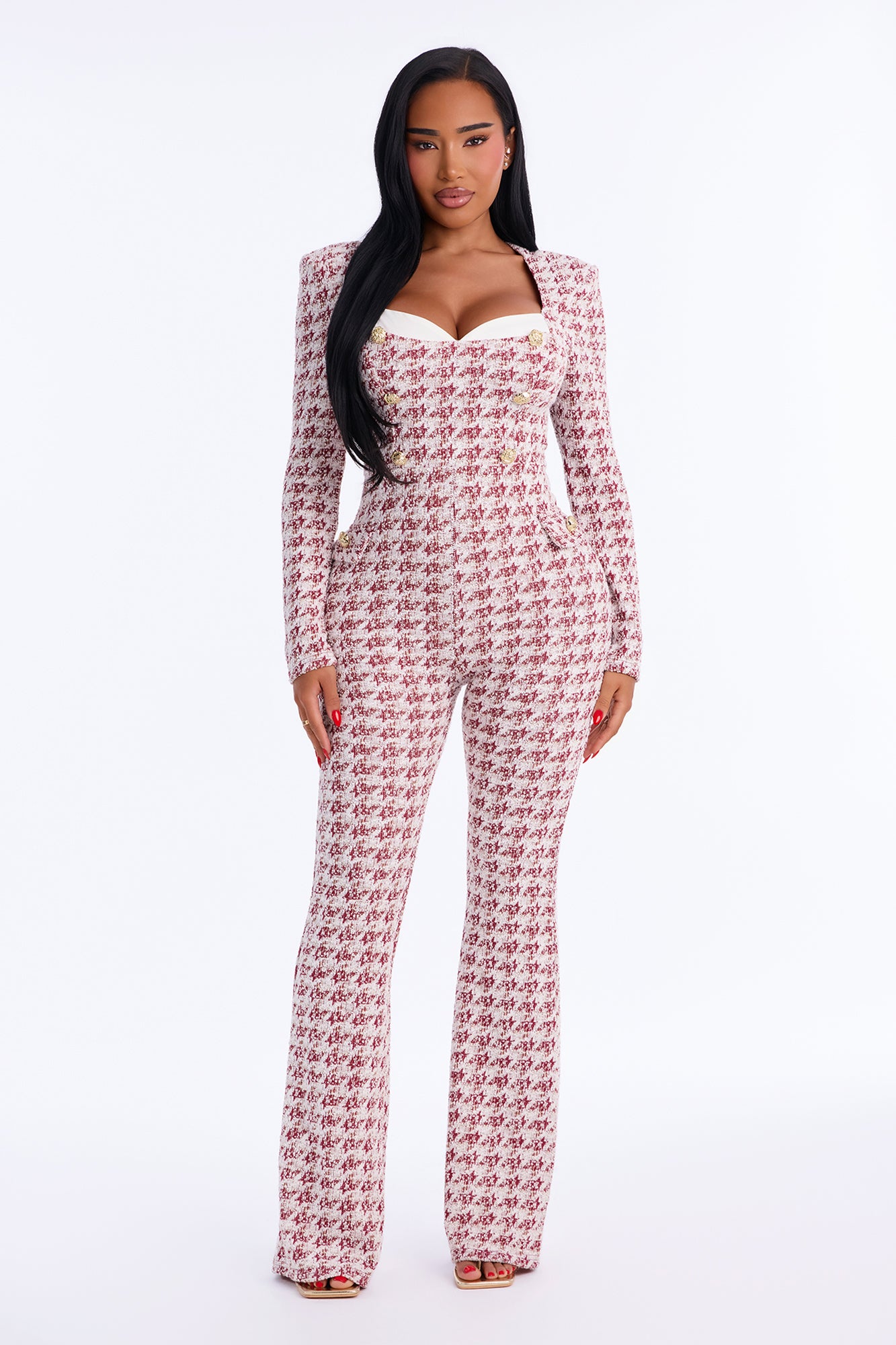 Promotion Pending Houndstooth Flare Leg Jumpsuit - Burgundy