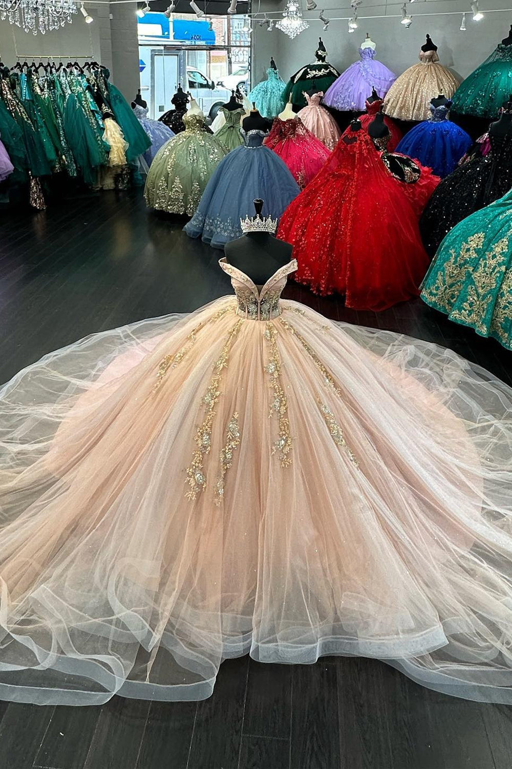 Off the Shoulder Applique Tulle Ball Gown in Blush for Quinceanera