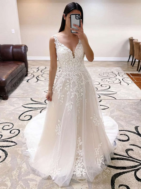 Beautiful Sleeveless V-Neck Tulle A-Line Lace Wedding Dresses