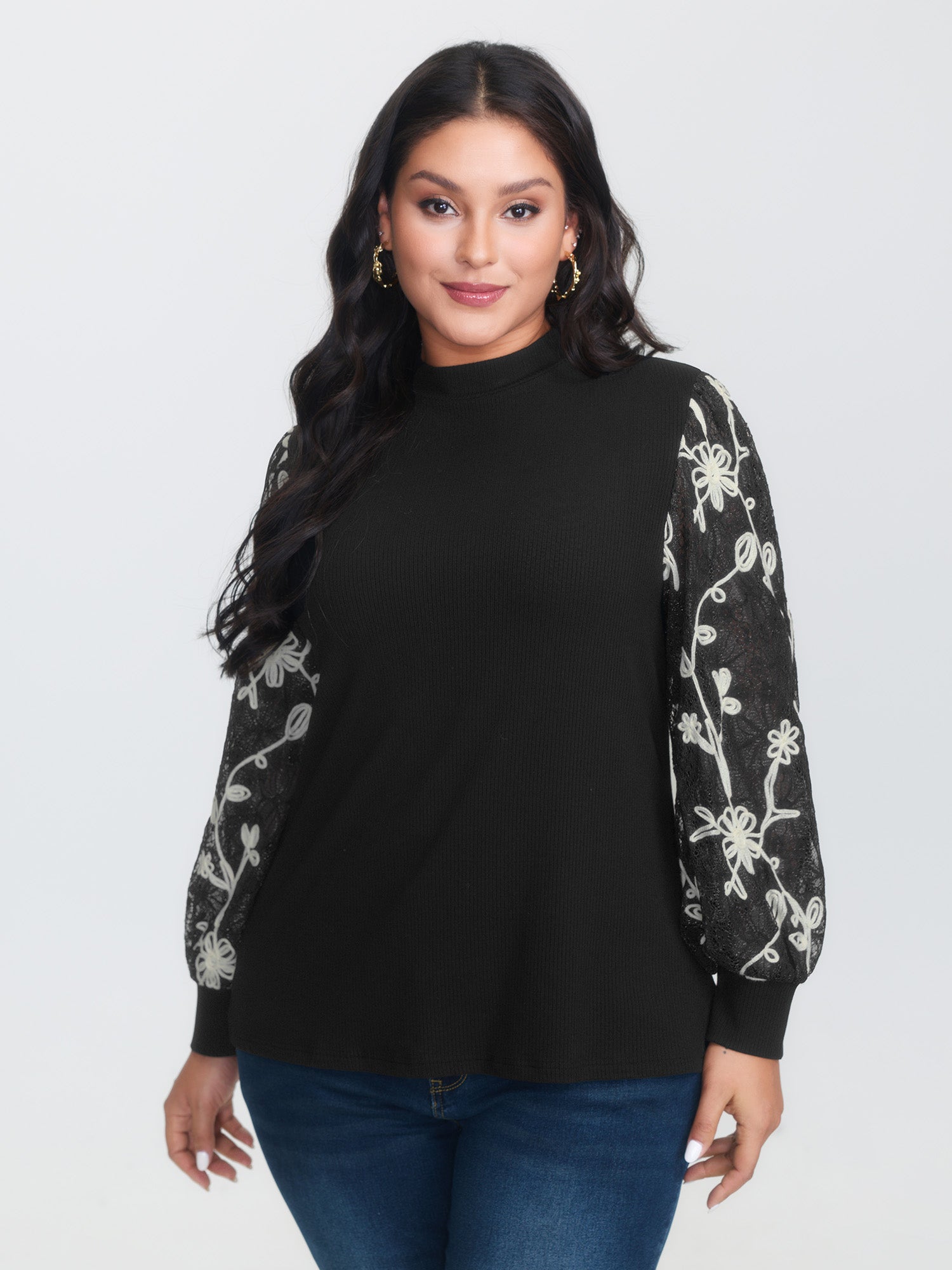 Floral Embroidered Lace Mock Neck Knit Top