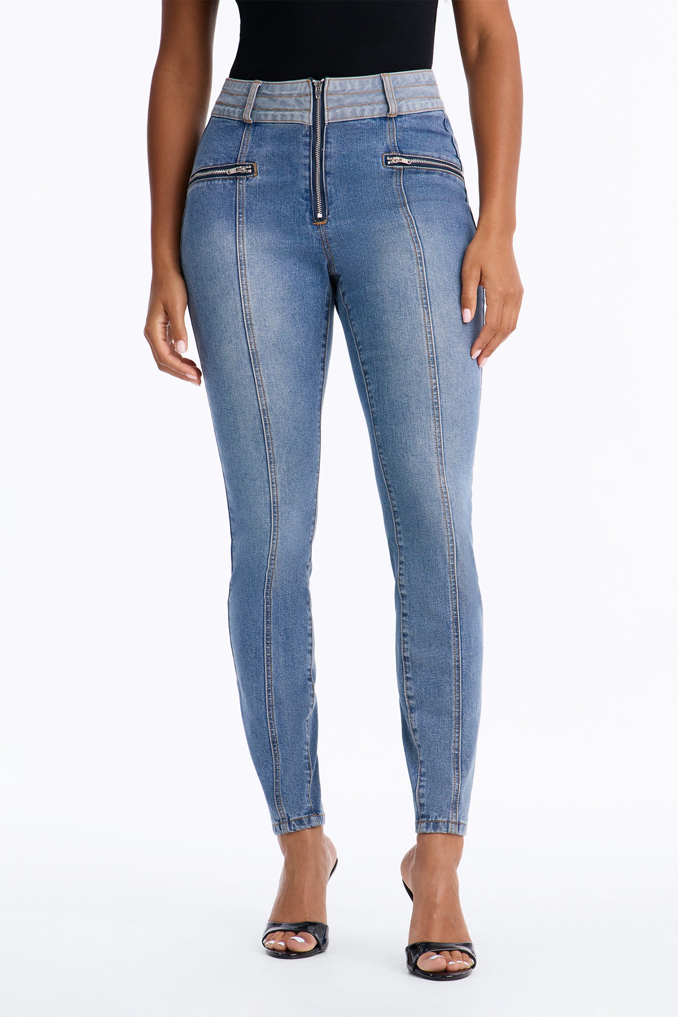 Take A Ride High Rise Stretch Two Tone Skinny Jeans - Medium Wash