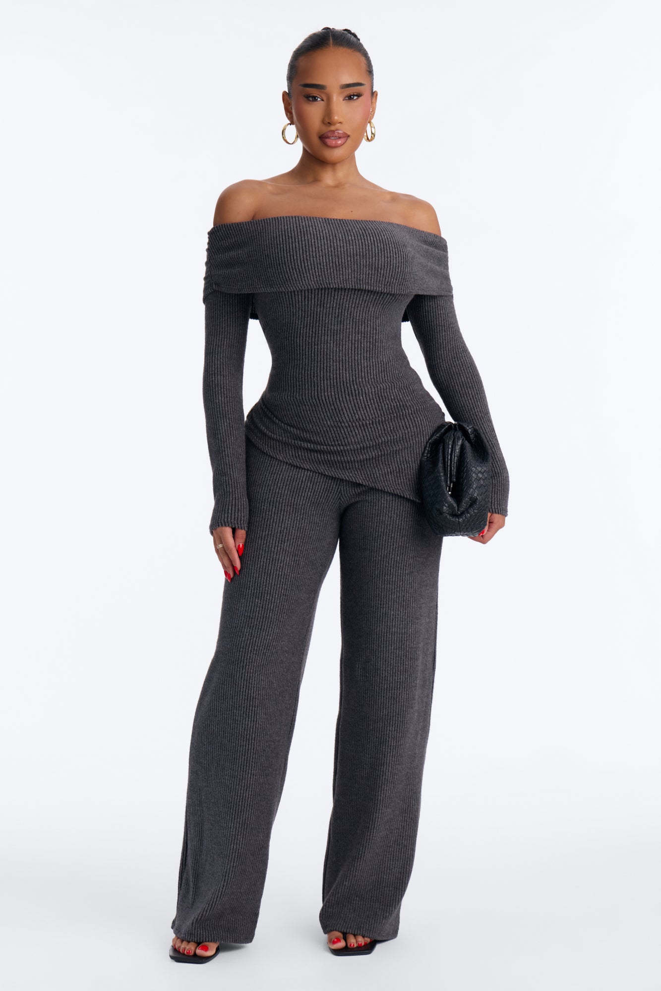 All Yours Off Shoulder Ribbed Pant Set - Charcoal