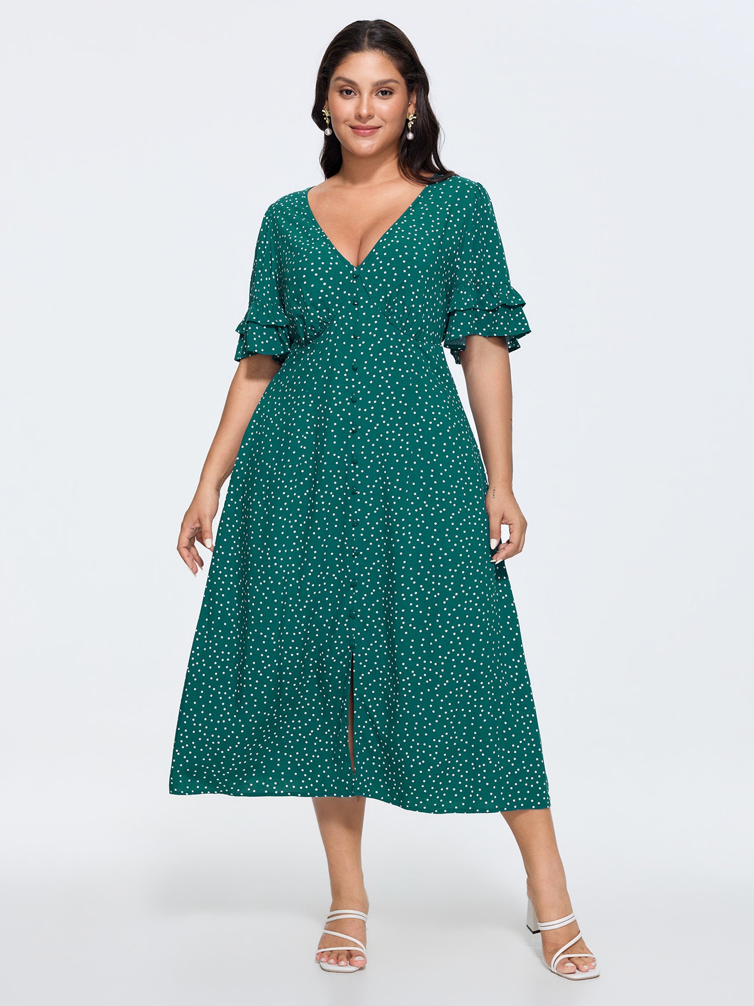 Polka Dot Print Pockets Flowy Midi Dress