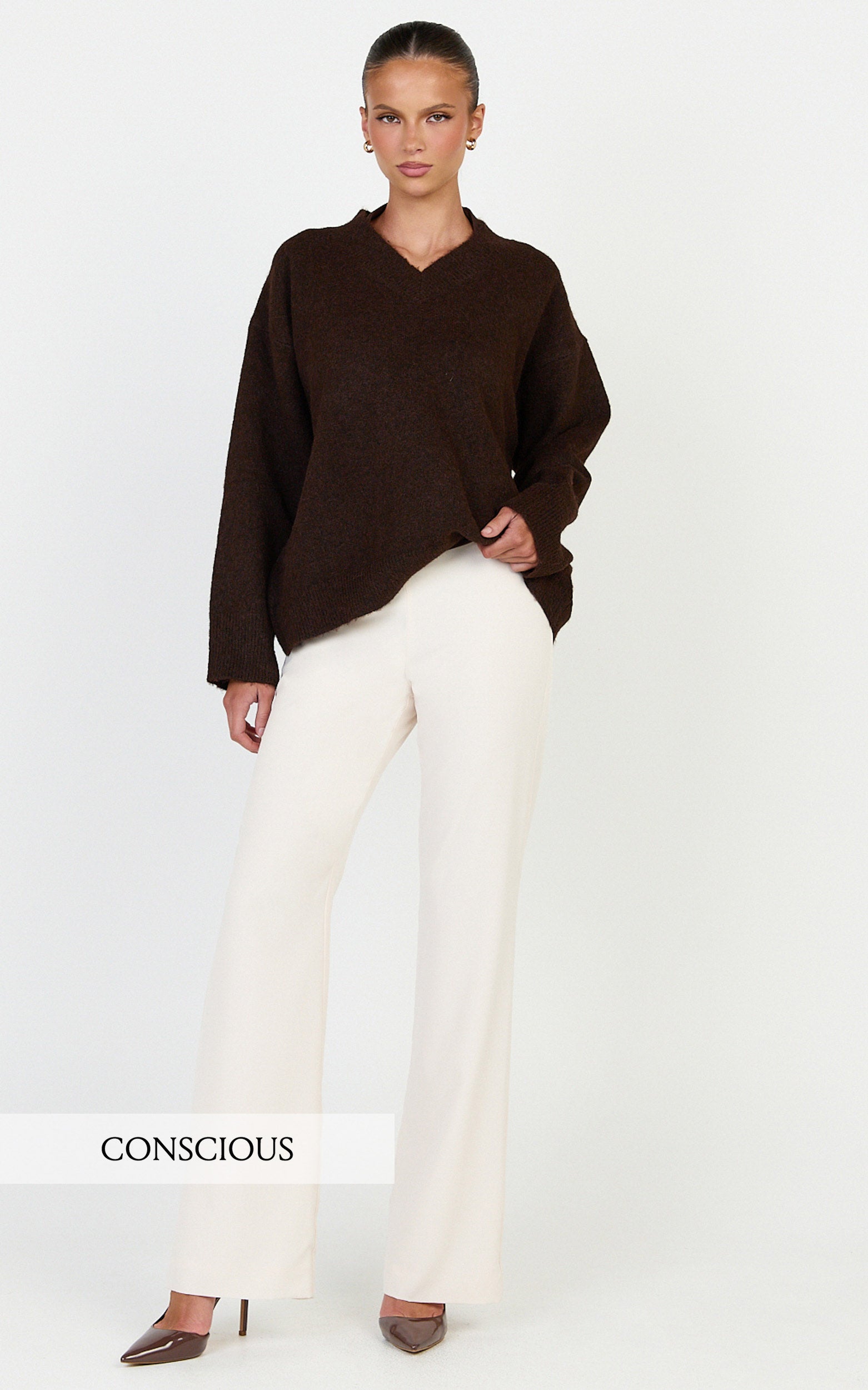 Clementine Jumper - V Neck Knit Jumper in Chocolate