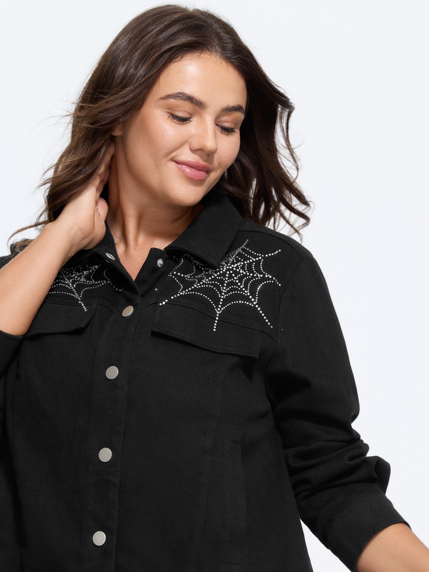 Cotton Spider Web Rhinestone Button Front Jacket