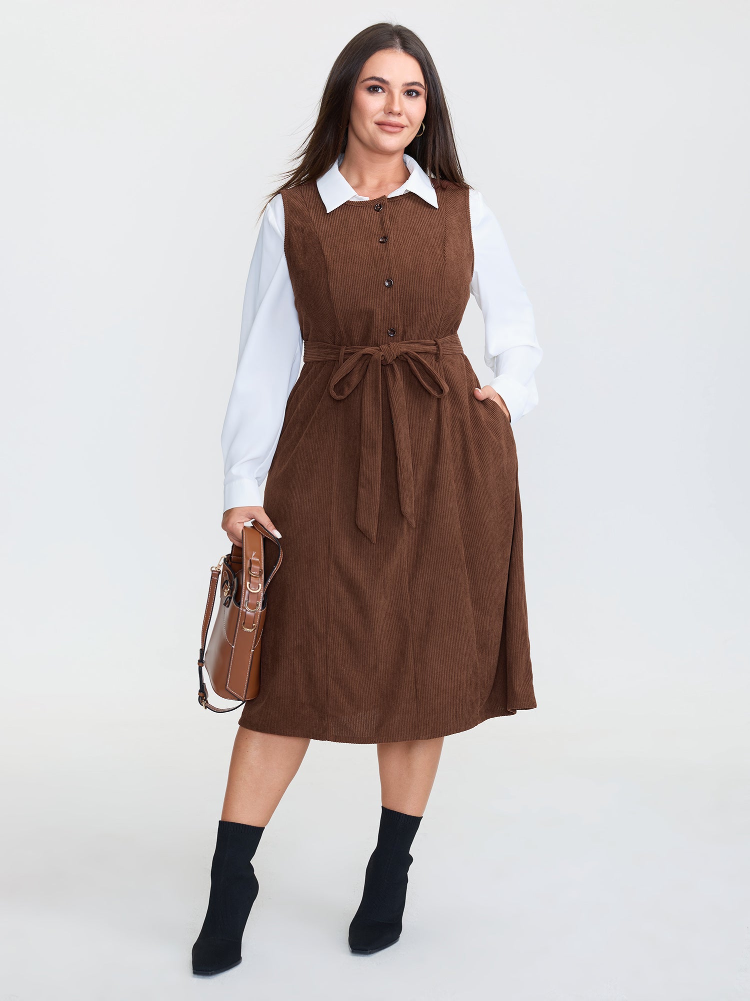 Corduroy Placket Belted Midi Dress