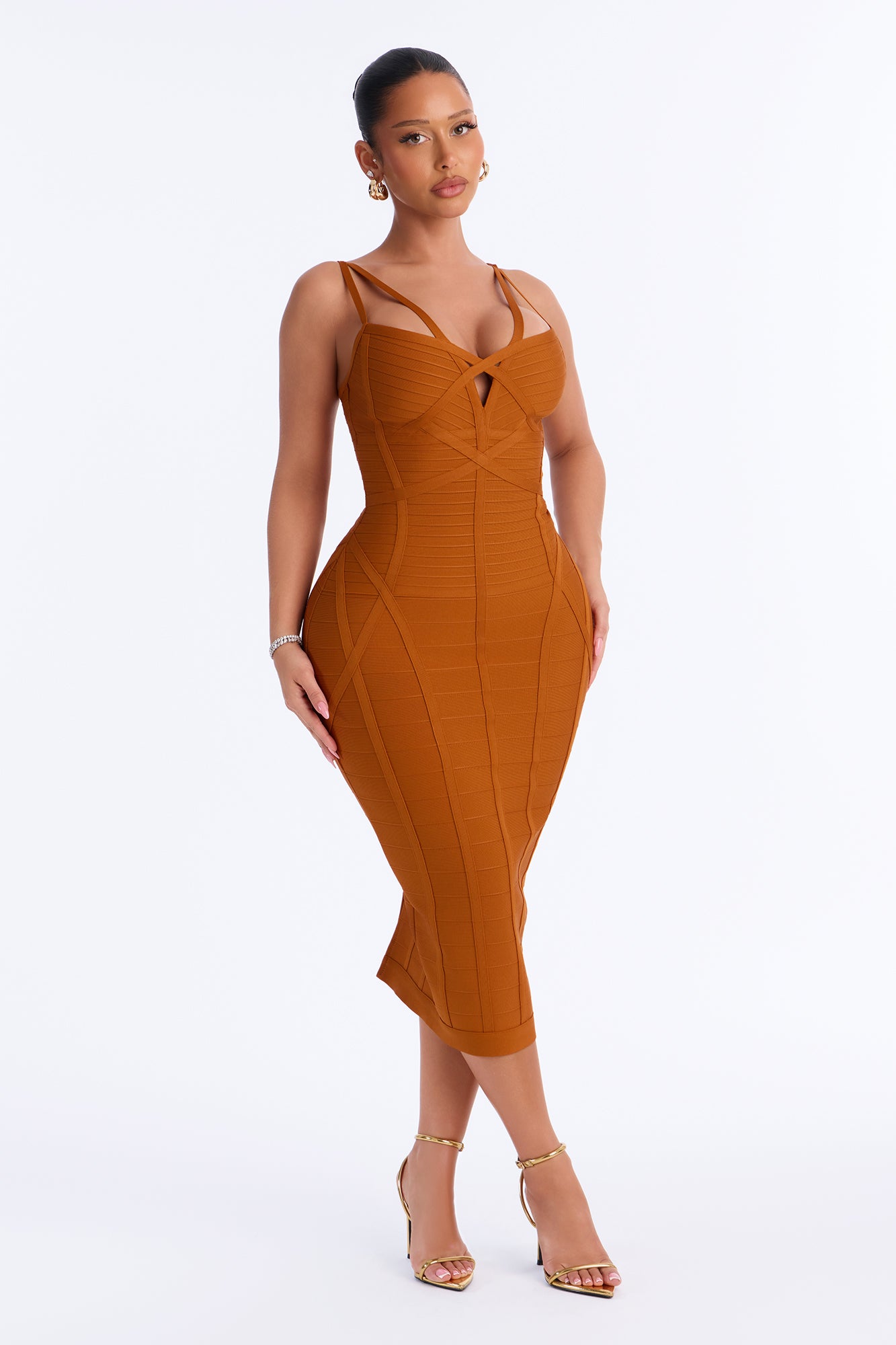 Heart On My Mind Bandage Midi Dress - Cognac