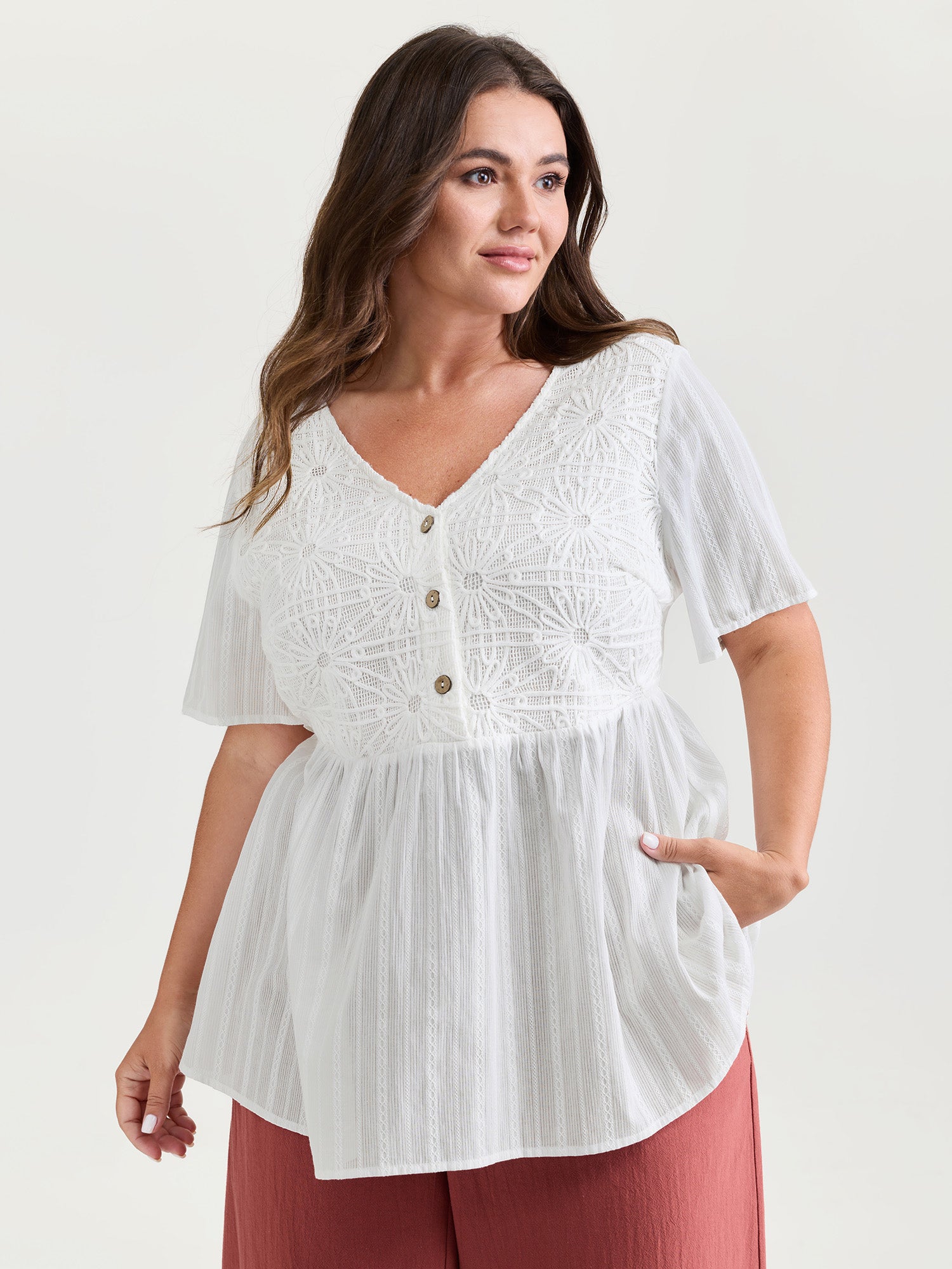 Cotton Stretchy Button Detail V-Neck Knit Top