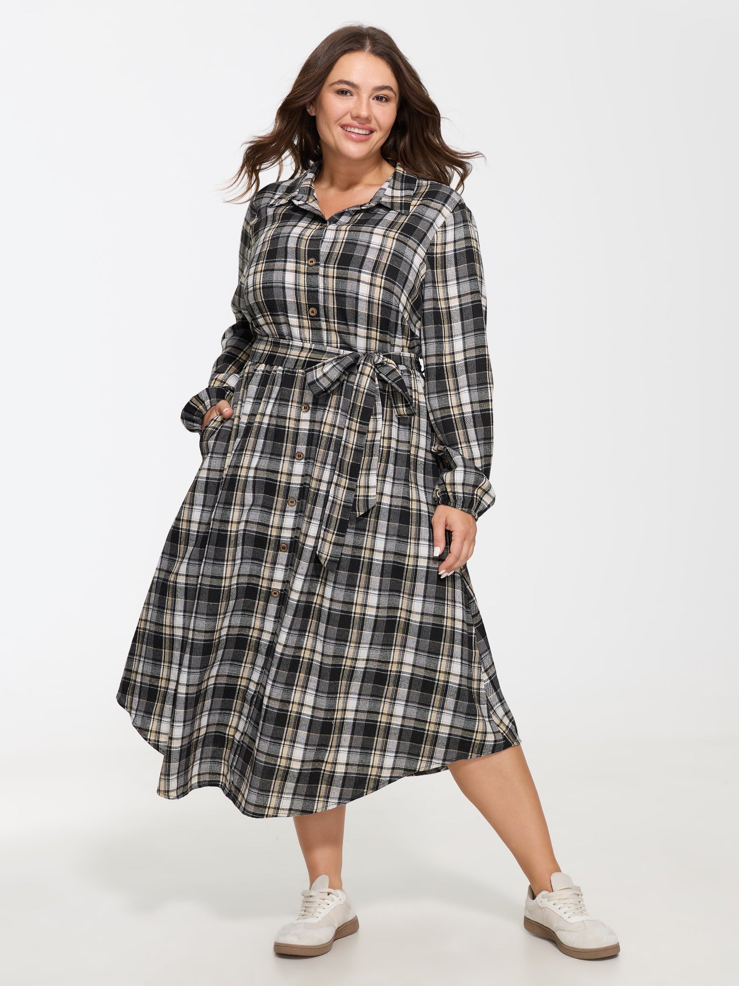 Plaid Button Detail Pocket Belted Arc Hem Midi Dress