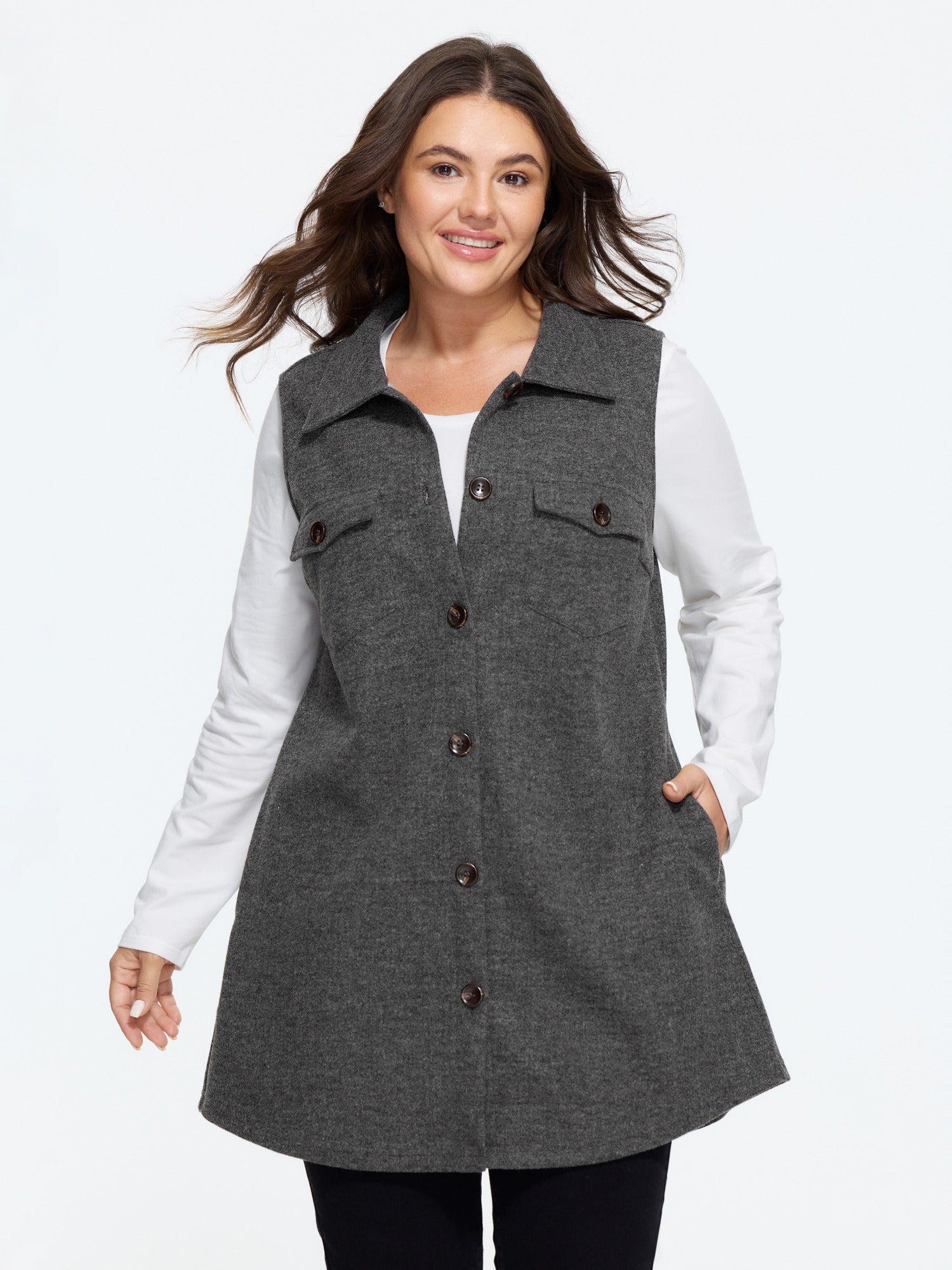 Solid Button‑Front Sleeveless Jacket