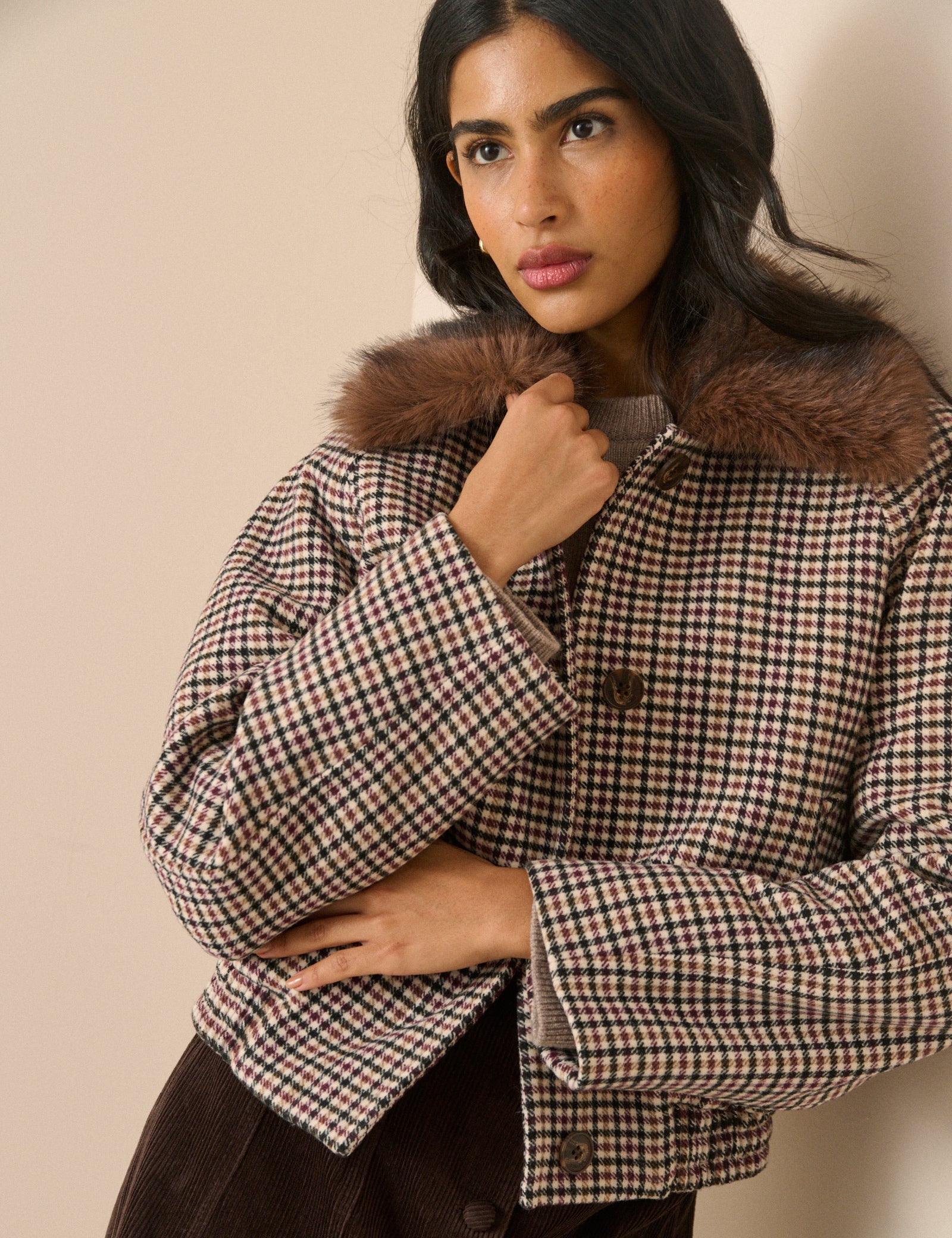 Heritage Check Faux Fur Collar Bomber Jacket