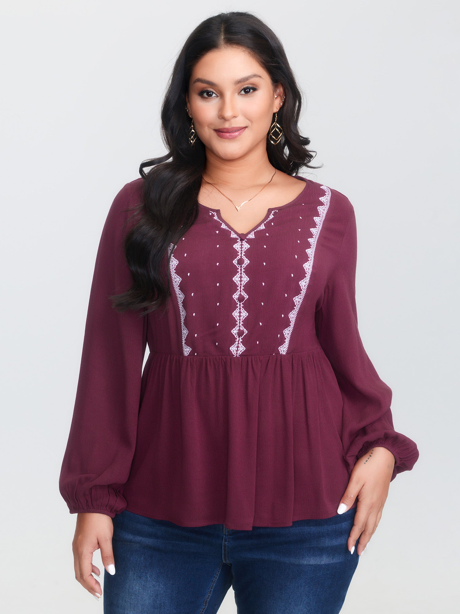 Geometric Print Cinched Flared Blouse