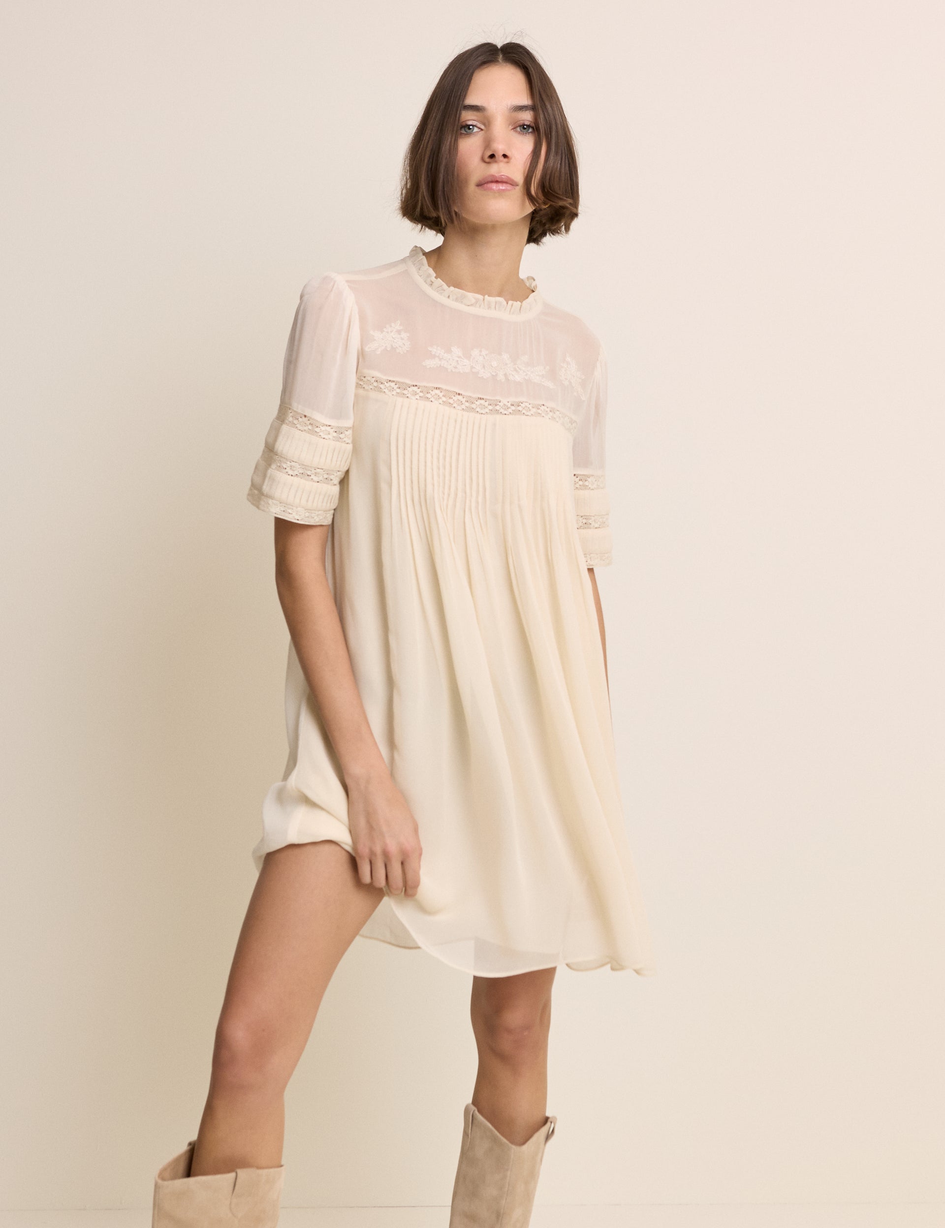 White Pintuck Lace Trim Tally Mini Dress